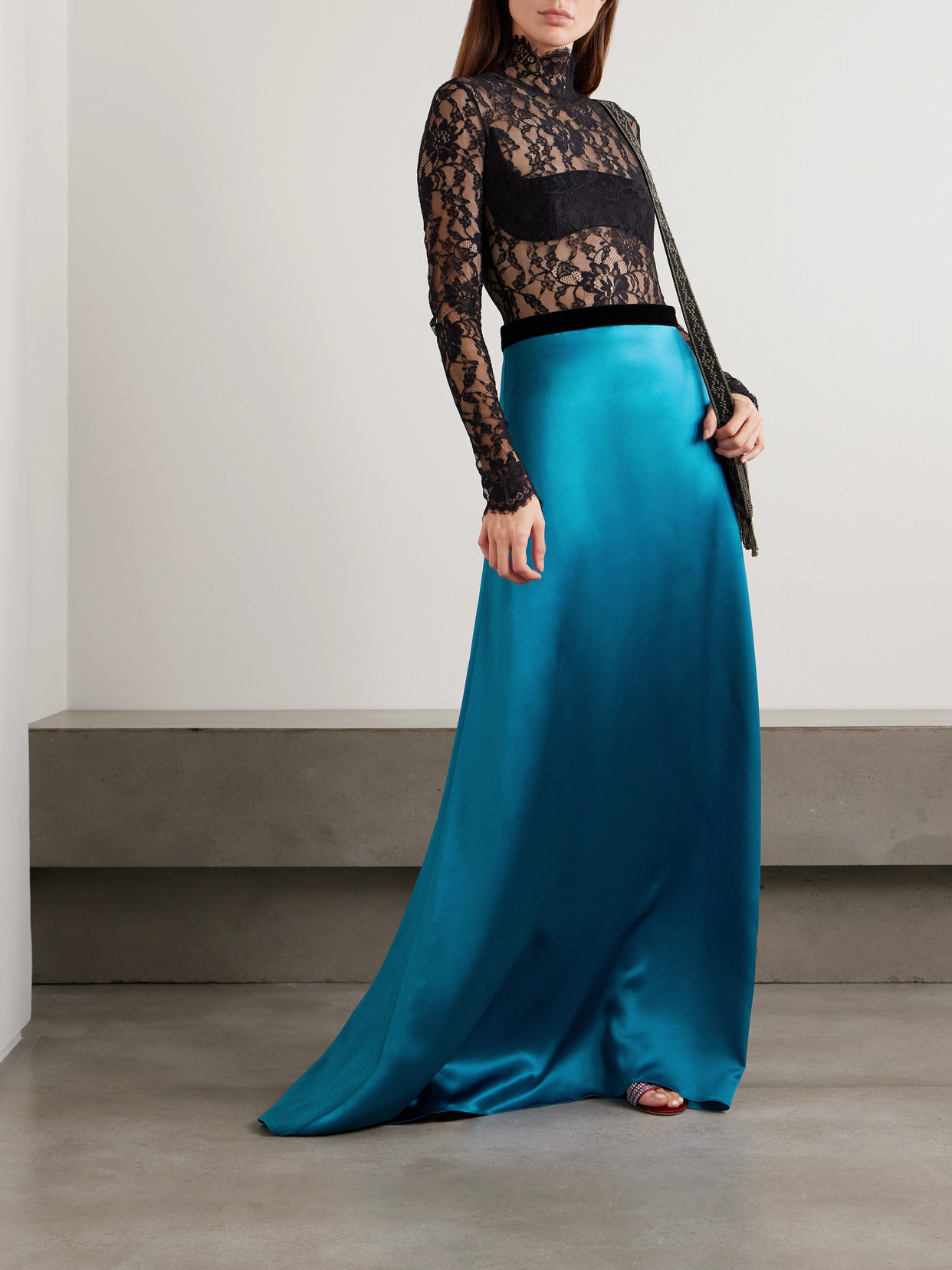 Valentino Velvet-trimmed Satin-crepe Maxi Skirt In Blue