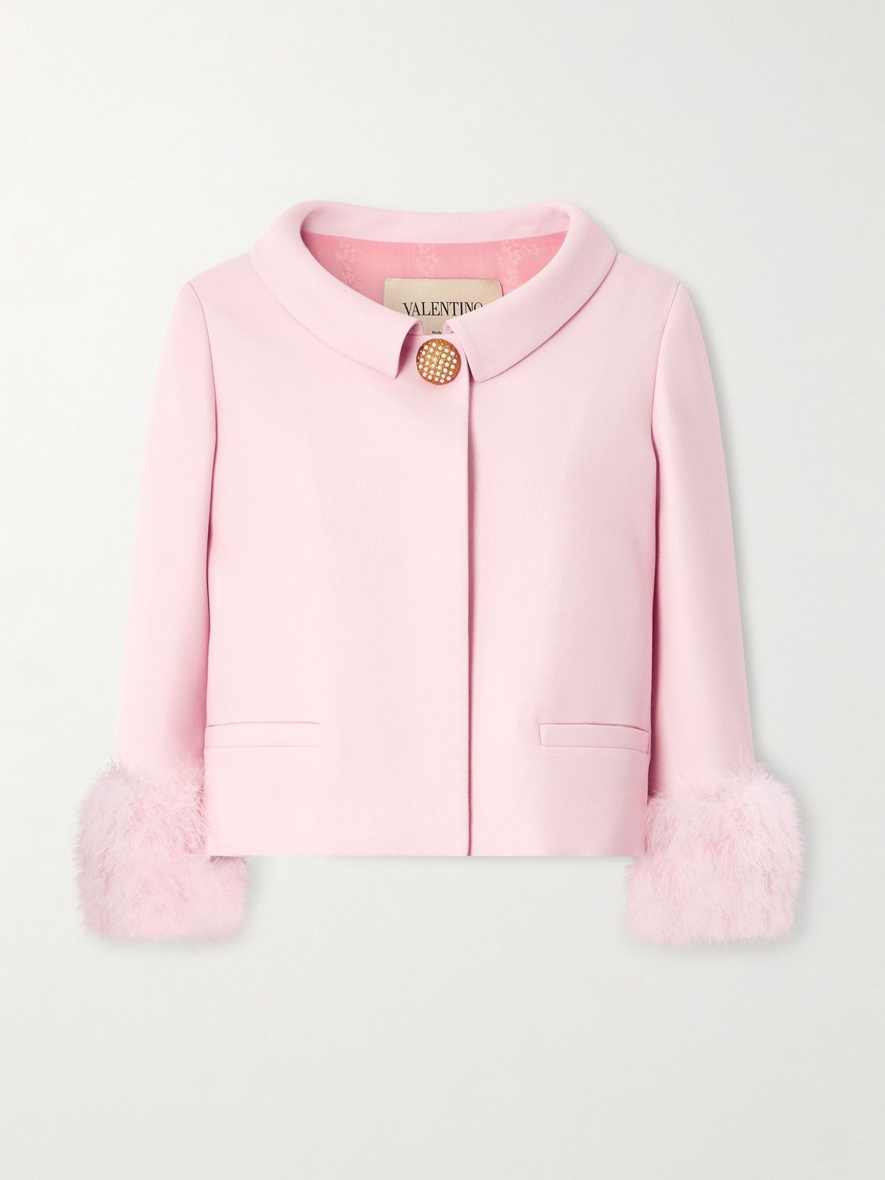 Embellished feather-trimmed wool and silk-blend crepe de chine jacket