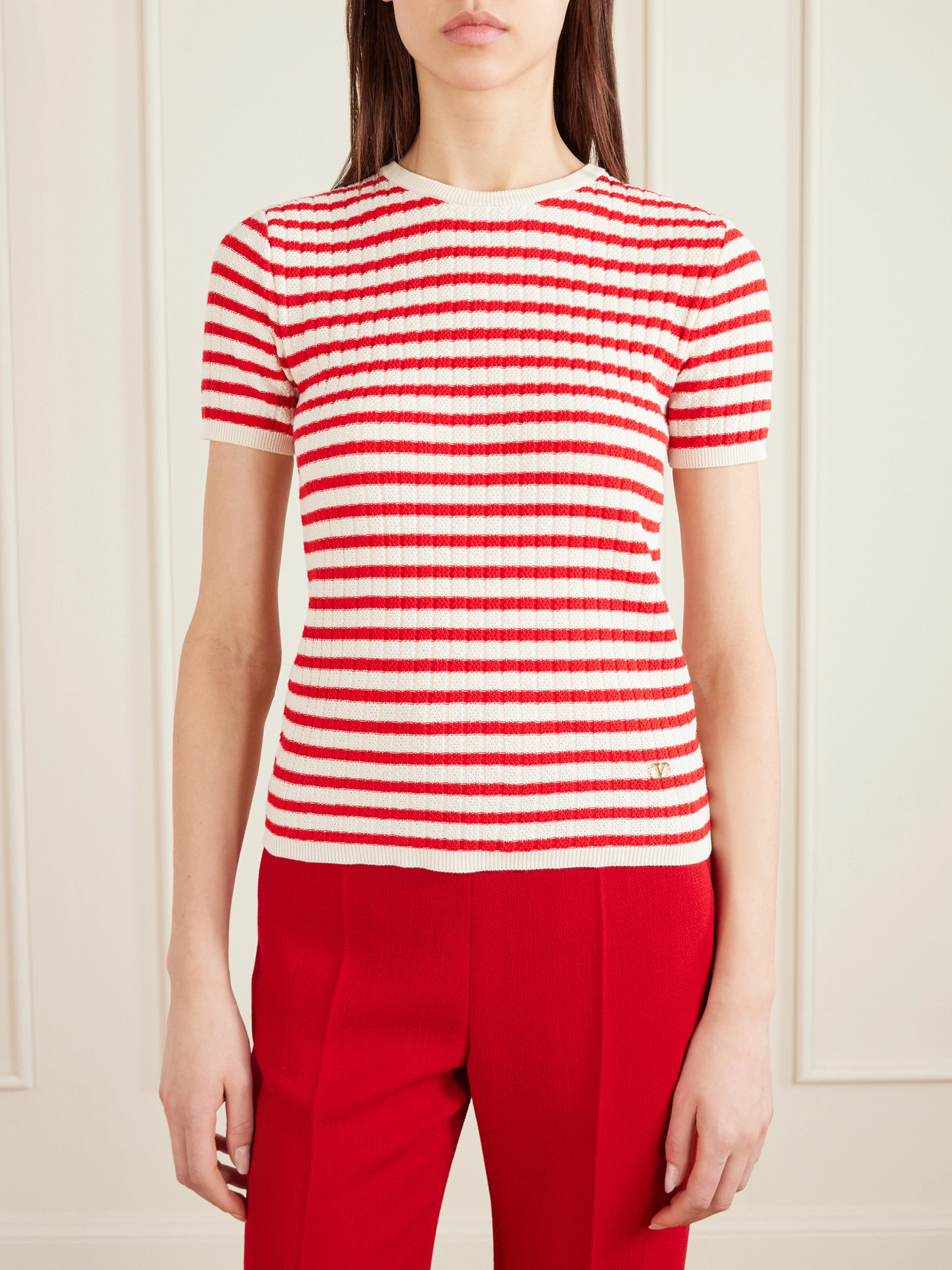 Garavani - Embellished Striped Ribbed Cotton T-Shirt
