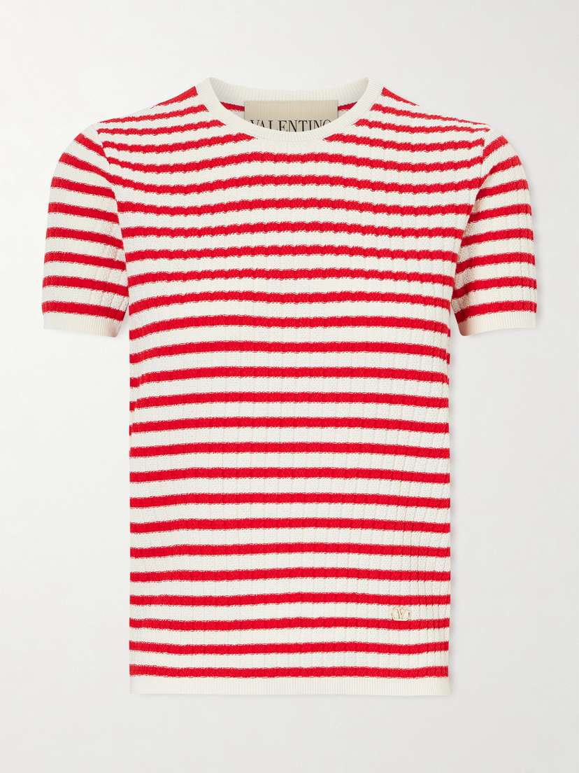 Valentino Garavani Embellished Striped Ribbed Cotton T-shirt