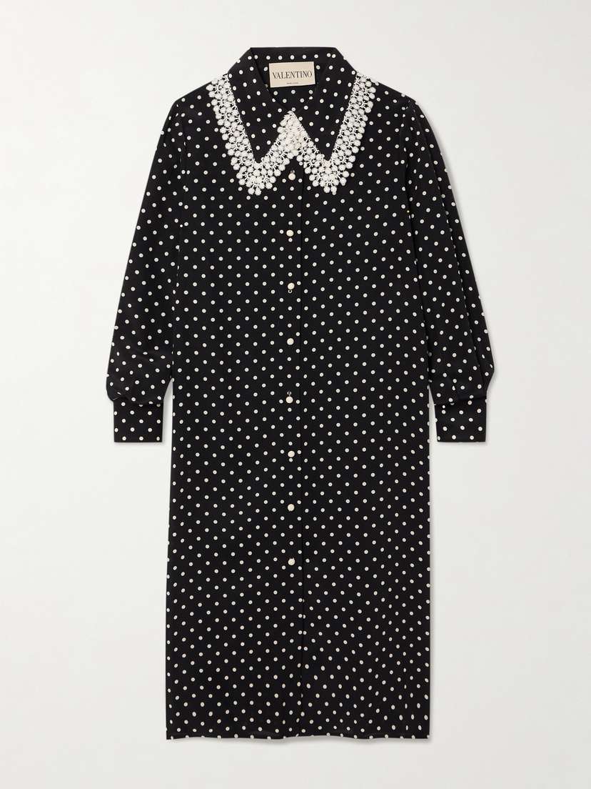 Valentino Garavani Lace-trimmed Polka-dot Printed Silk Crepe De Chine Midi Dress