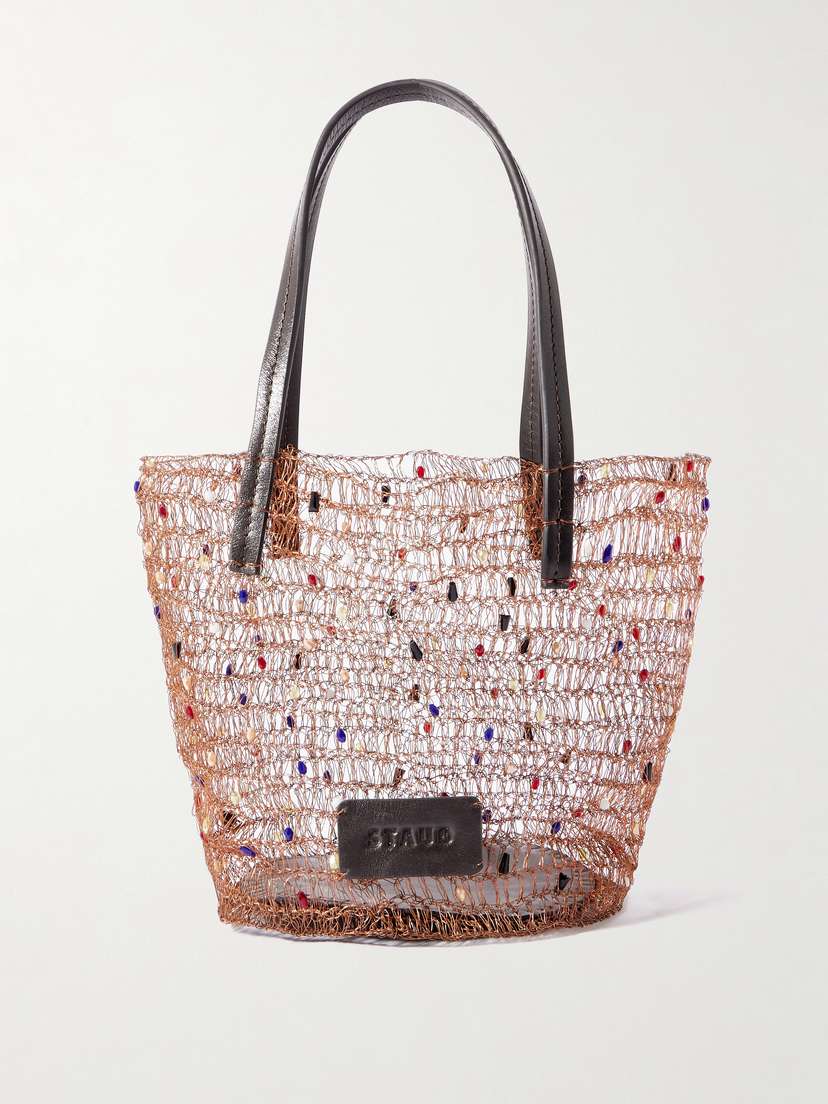 Staud Jewel Leather-trimmed Embellished Crocheted Bucket Bag
