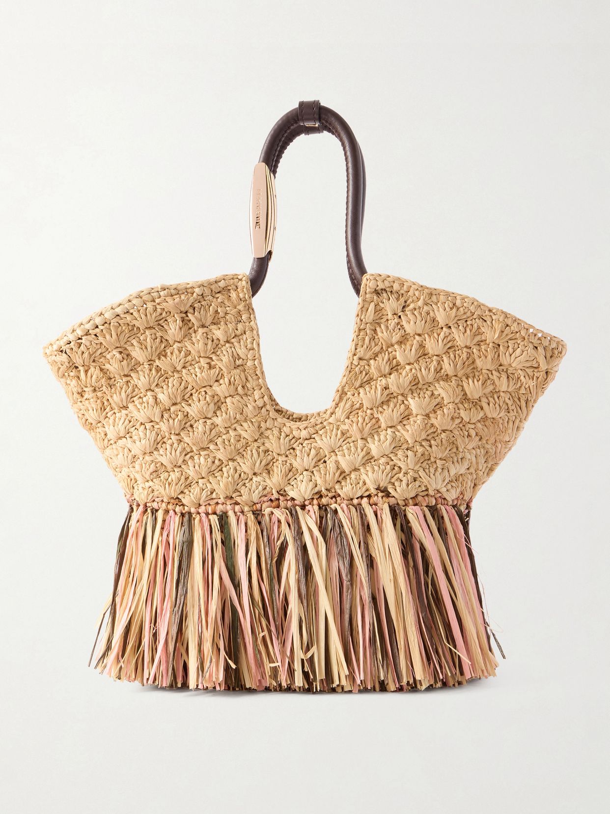 Goldentime large embellished leather-trimmed fringed raffia tote
