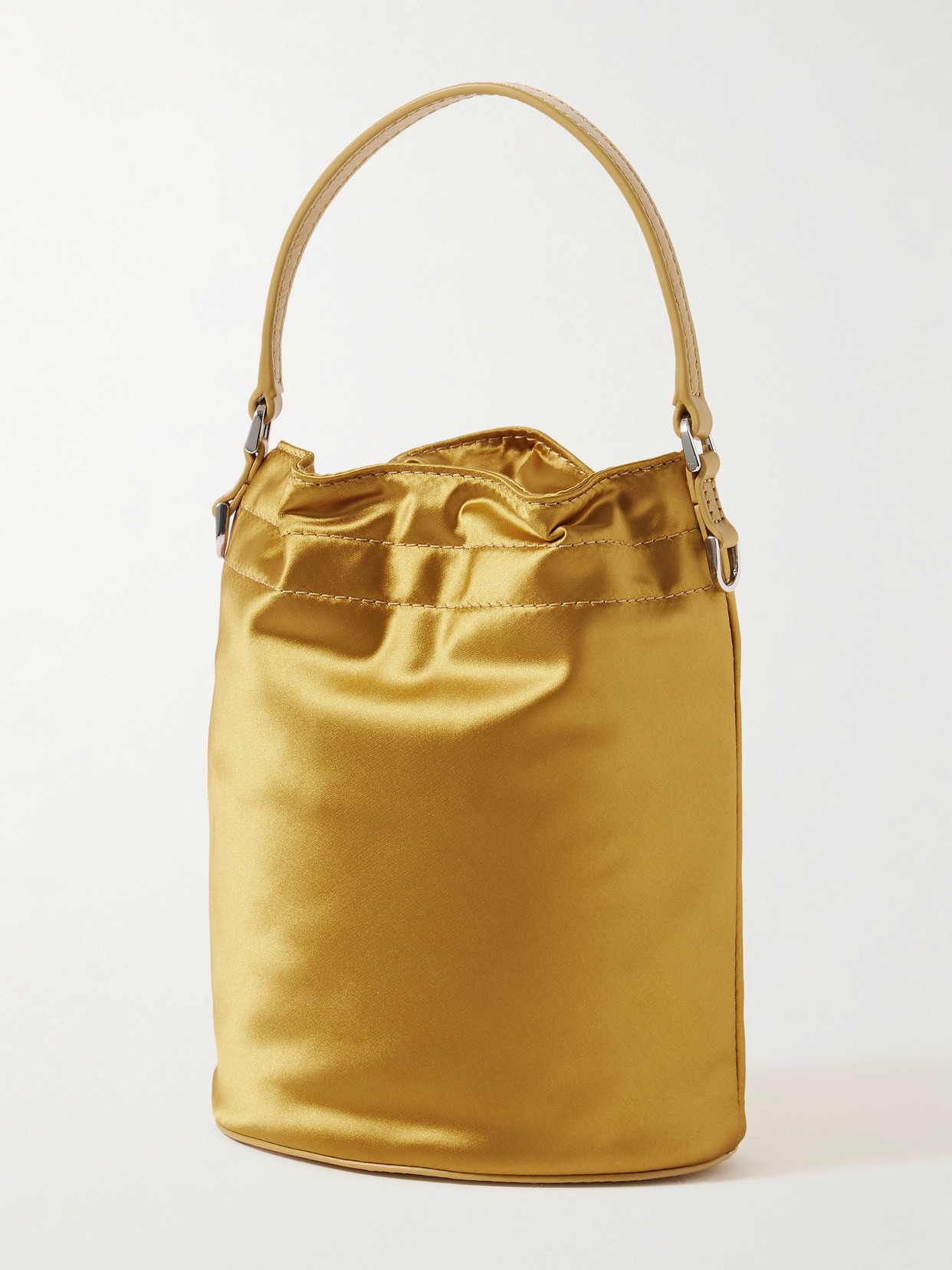 Staud Lila Mini Leather-trimmed Metallic Satin Bucket Bag In Gold