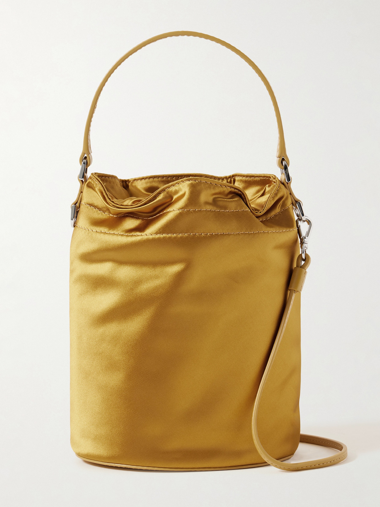 Staud Lila Mini Leather-trimmed Metallic Satin Bucket Bag In Gold
