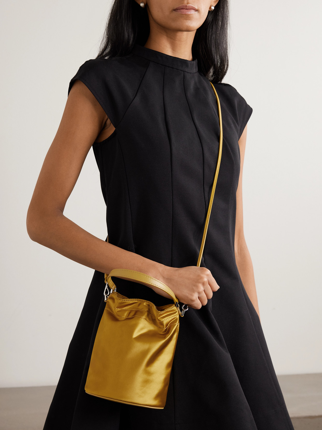 Staud Lila Mini Leather-trimmed Metallic Satin Bucket Bag In Gold