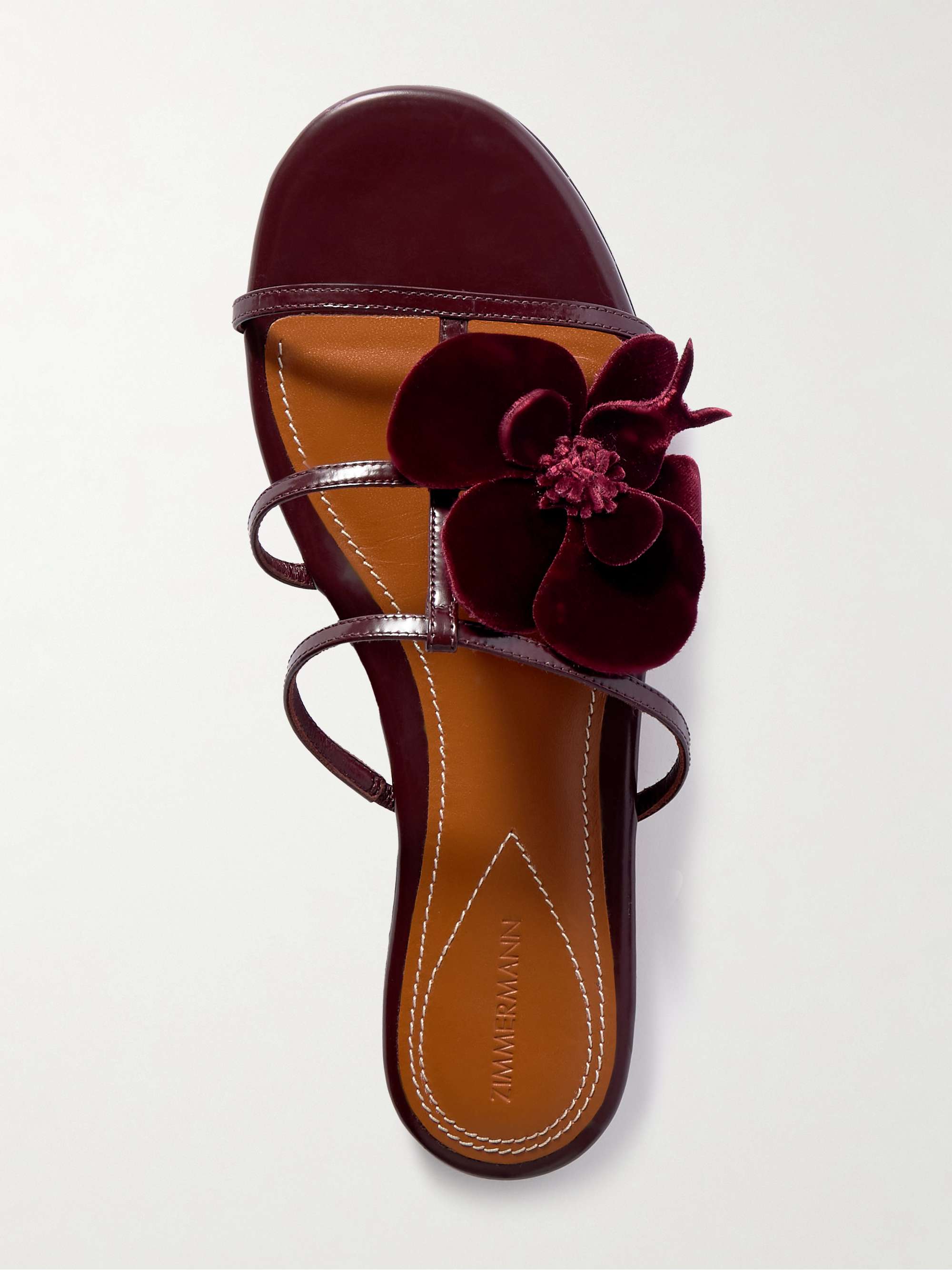 ZIMMERMANN Orchid appliquéd velvet-trimmed glossed-leather slides