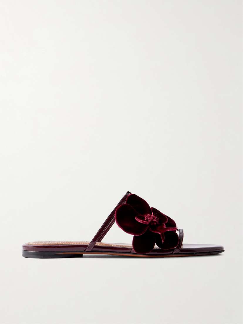 Zimmermann Orchid Appliquéd Velvet-trimmed Glossed-leather Slides