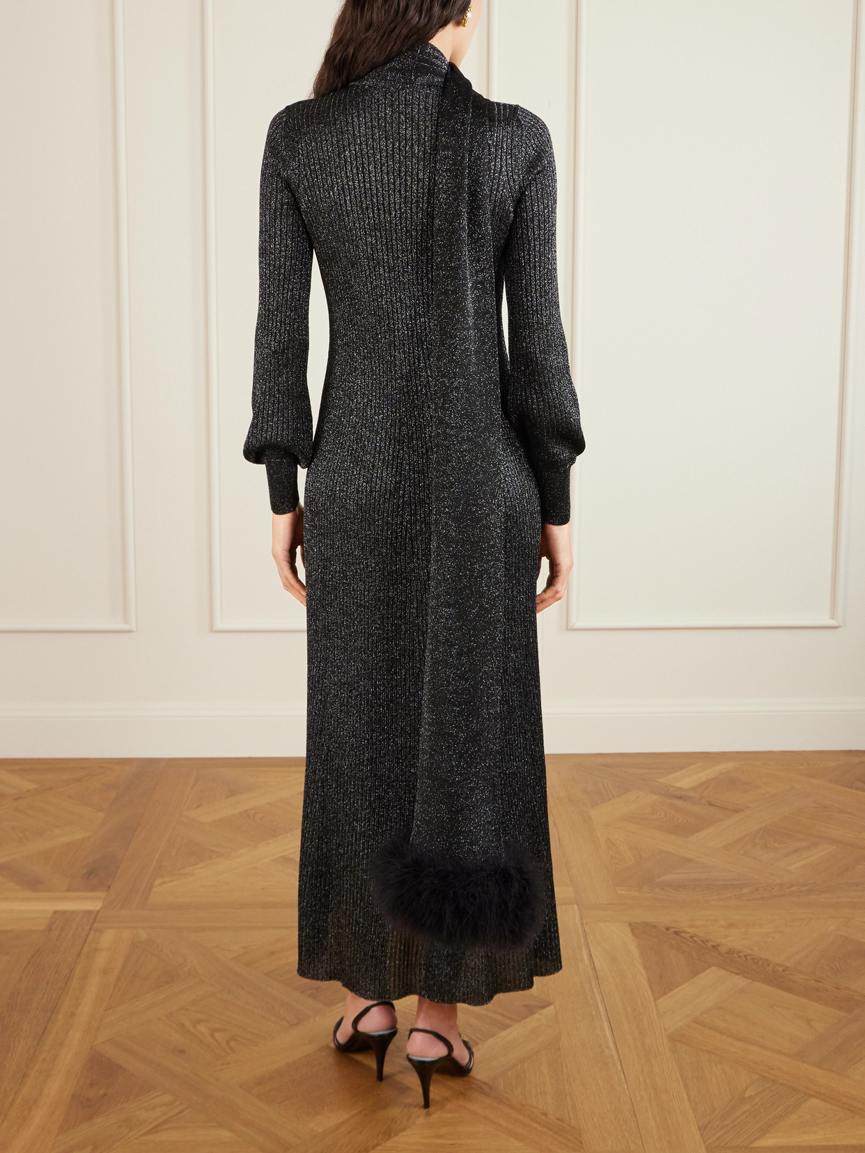 Valentino Scarf-detailed Feather-trimmed Metallic Ribbed-knit Midi Dress In Black