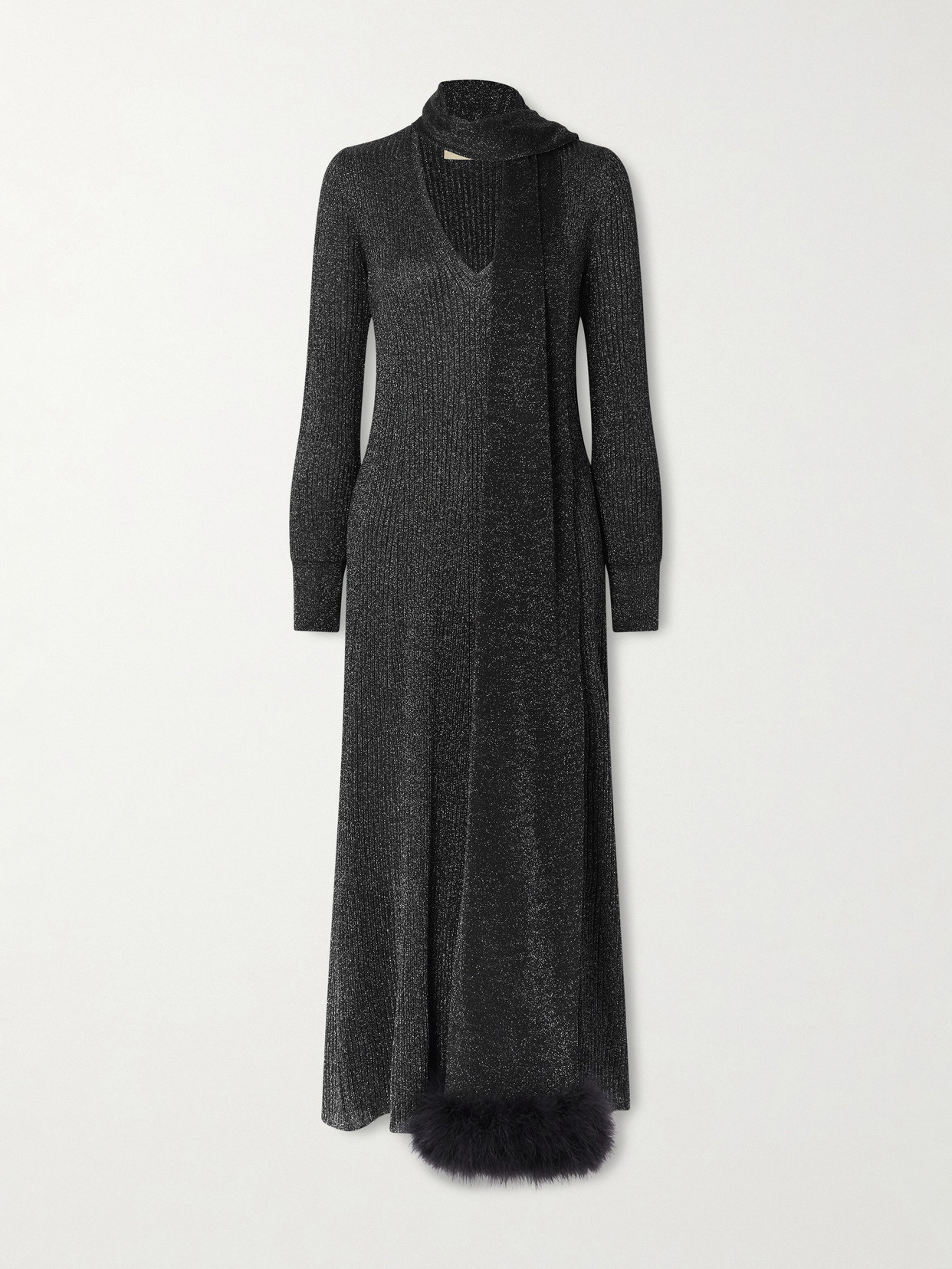 Valentino Scarf-detailed Feather-trimmed Metallic Ribbed-knit Midi Dress In Black