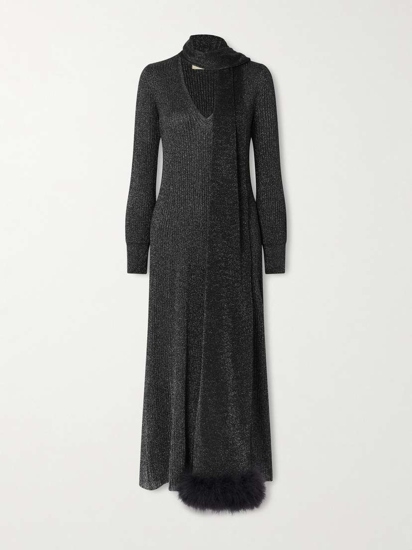 Valentino Garavani Scarf-detailed Feather-trimmed Metallic Ribbed-knit Midi Dress