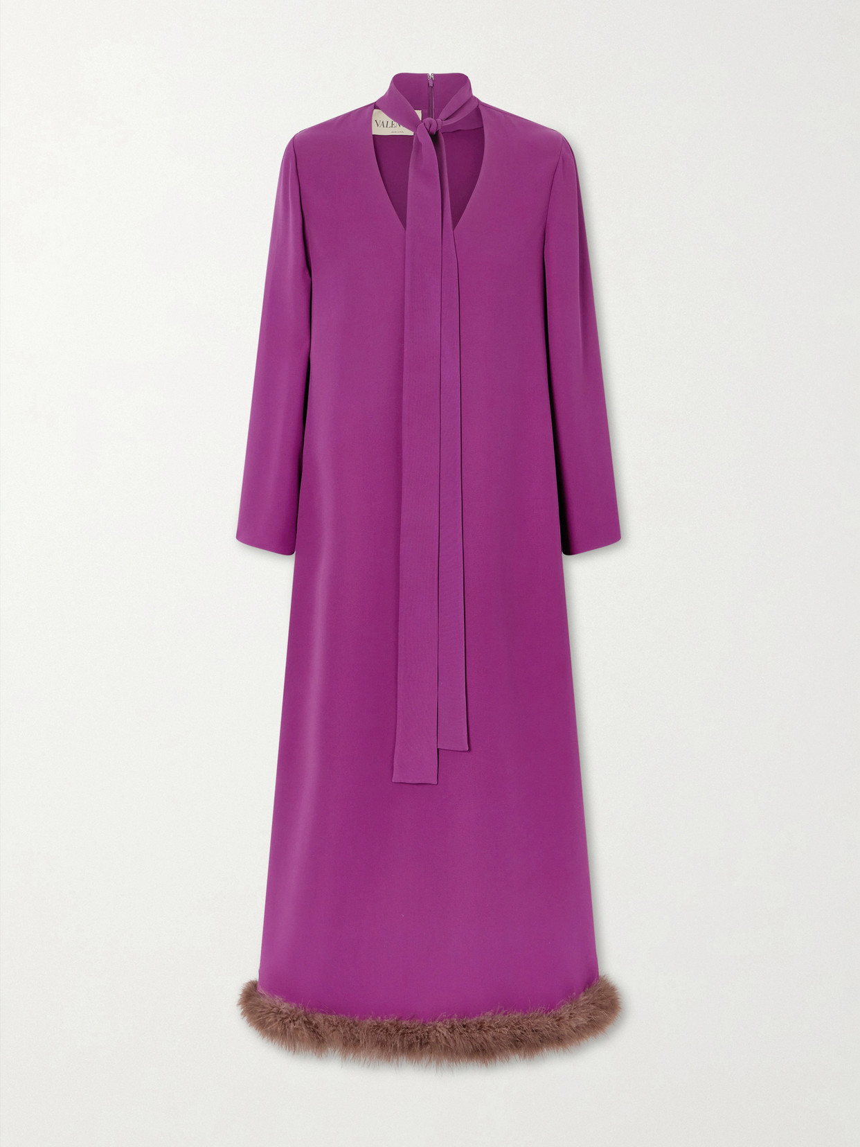 Valentino Tie-detailed Feather-trimmed Cady Midi Dress In Pink