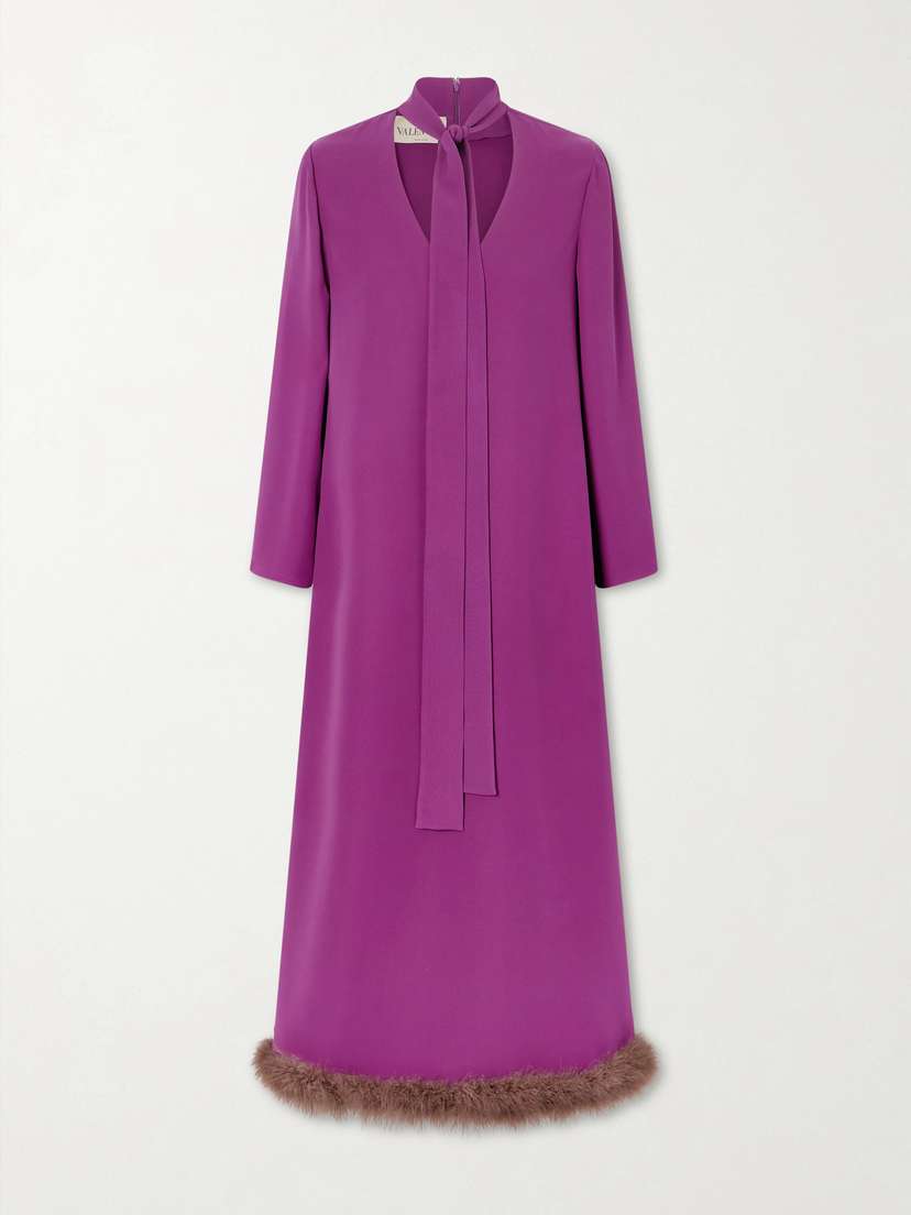 Valentino Garavani Tie-detailed Feather-trimmed Cady Midi Dress