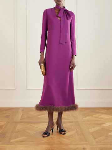 Valentino Garavani Tie-detailed feather-trimmed cady midi dress