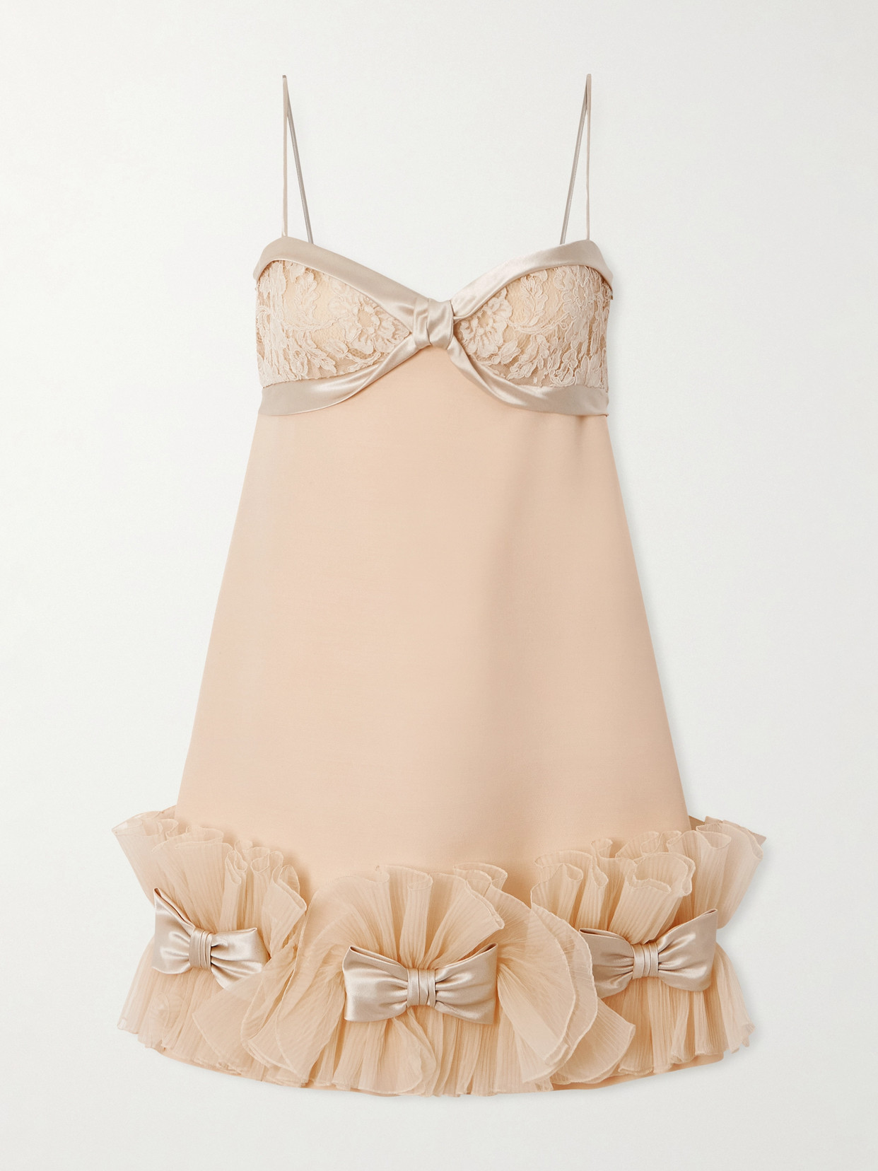 Valentino Bow-detailed Lace, Satin And Crepon-trimmed Wool And Silk-blend Crepe Mini Dress In Pink