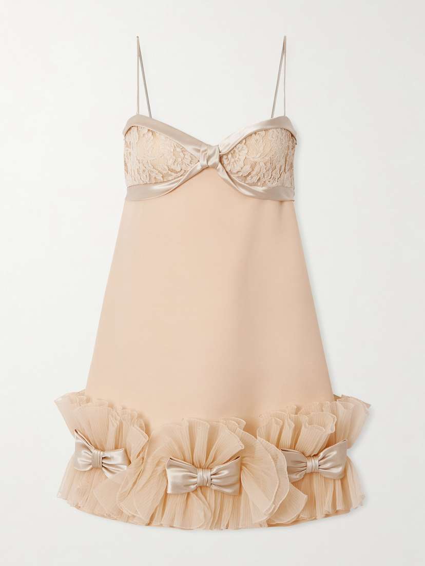Valentino Garavani Bow-detailed Lace, Satin And Crepon-trimmed Wool And Silk-blend Crepe Mini Dress