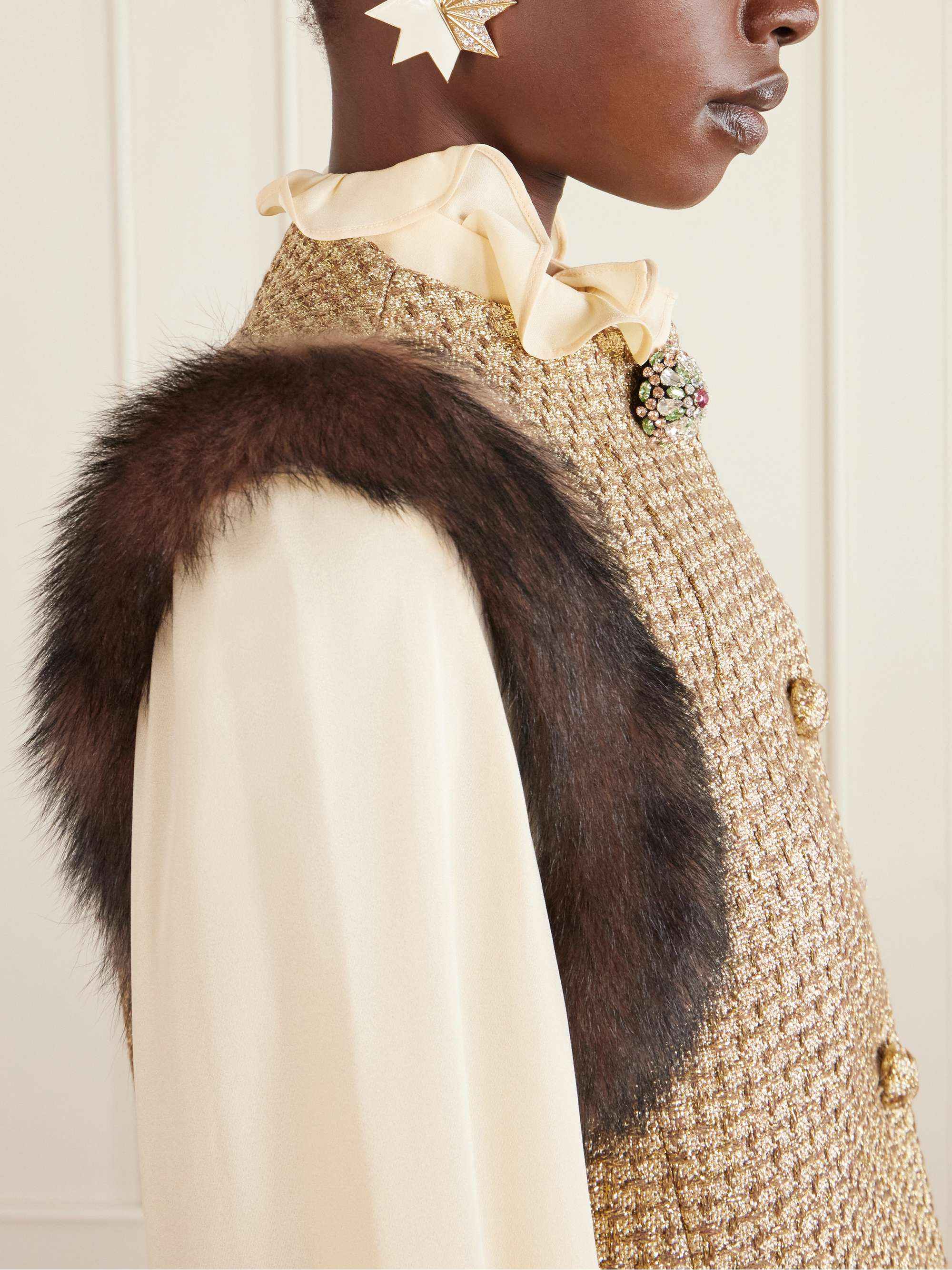 VALENTINO GARAVANI Embellished shearling-trimmed metallic tweed 