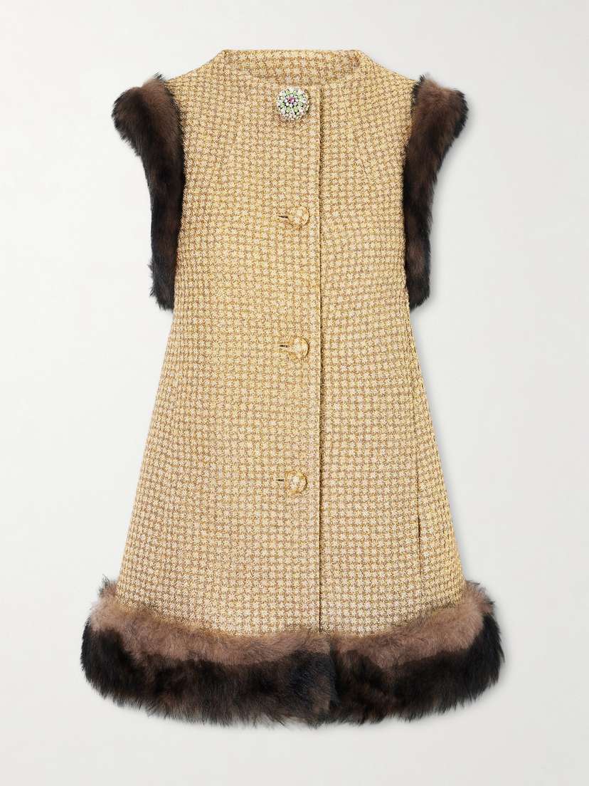 Valentino Garavani Embellished Shearling-trimmed Metallic Tweed Vest