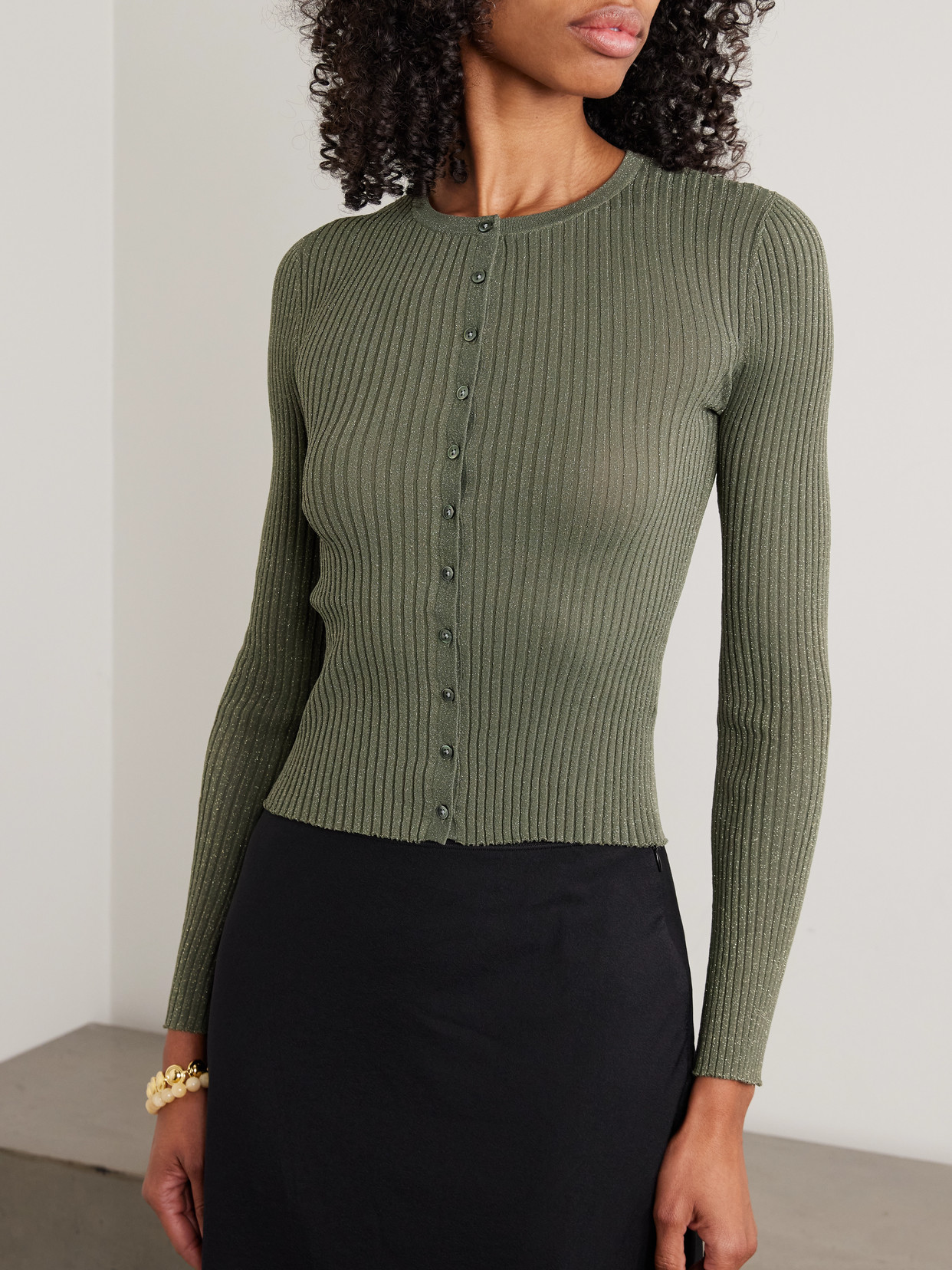 Leset Blake Ribbed Lurex Cardigan In Green