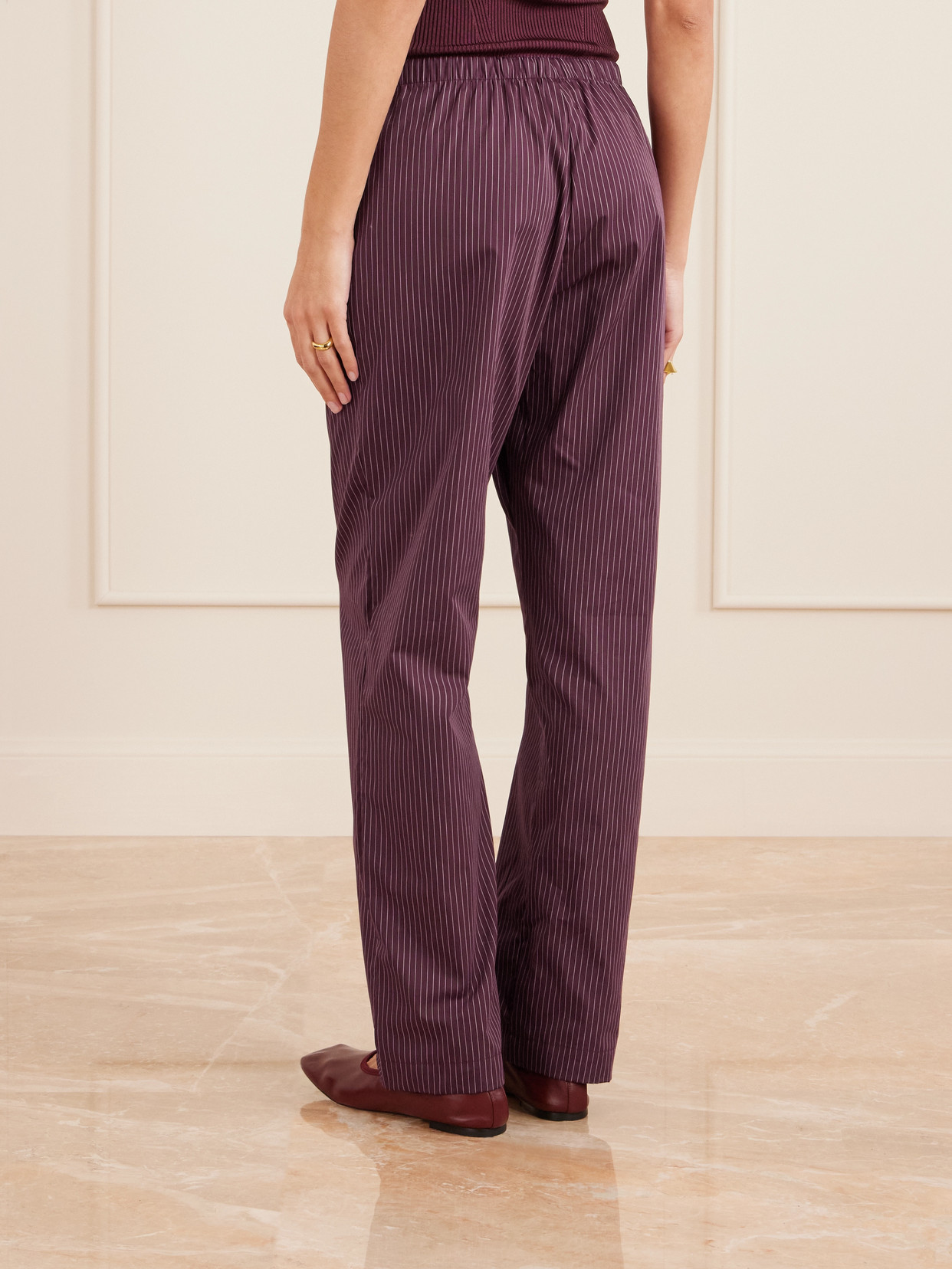 Leset Yoshi Striped Cotton And Lyocell-blend Wide-leg Pants In Burgundy