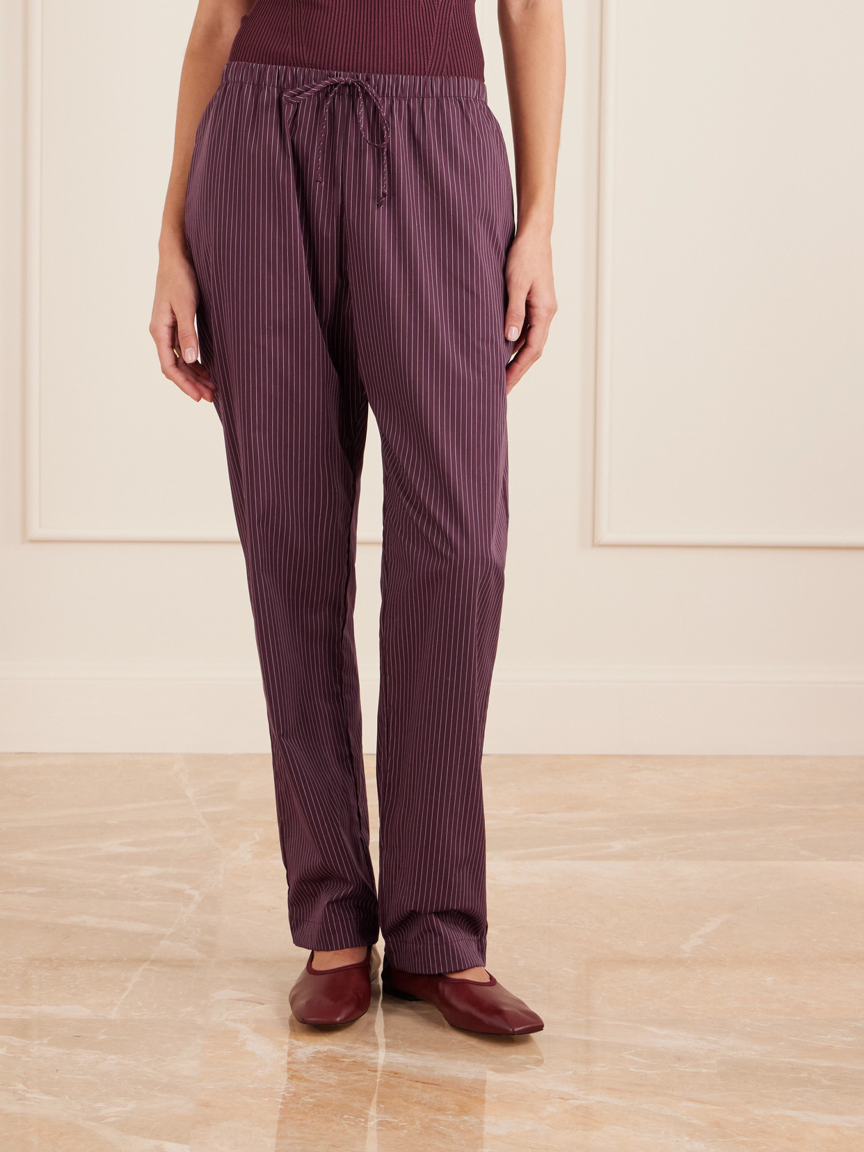 Leset Yoshi Striped Cotton And Lyocell-blend Wide-leg Pants In Burgundy