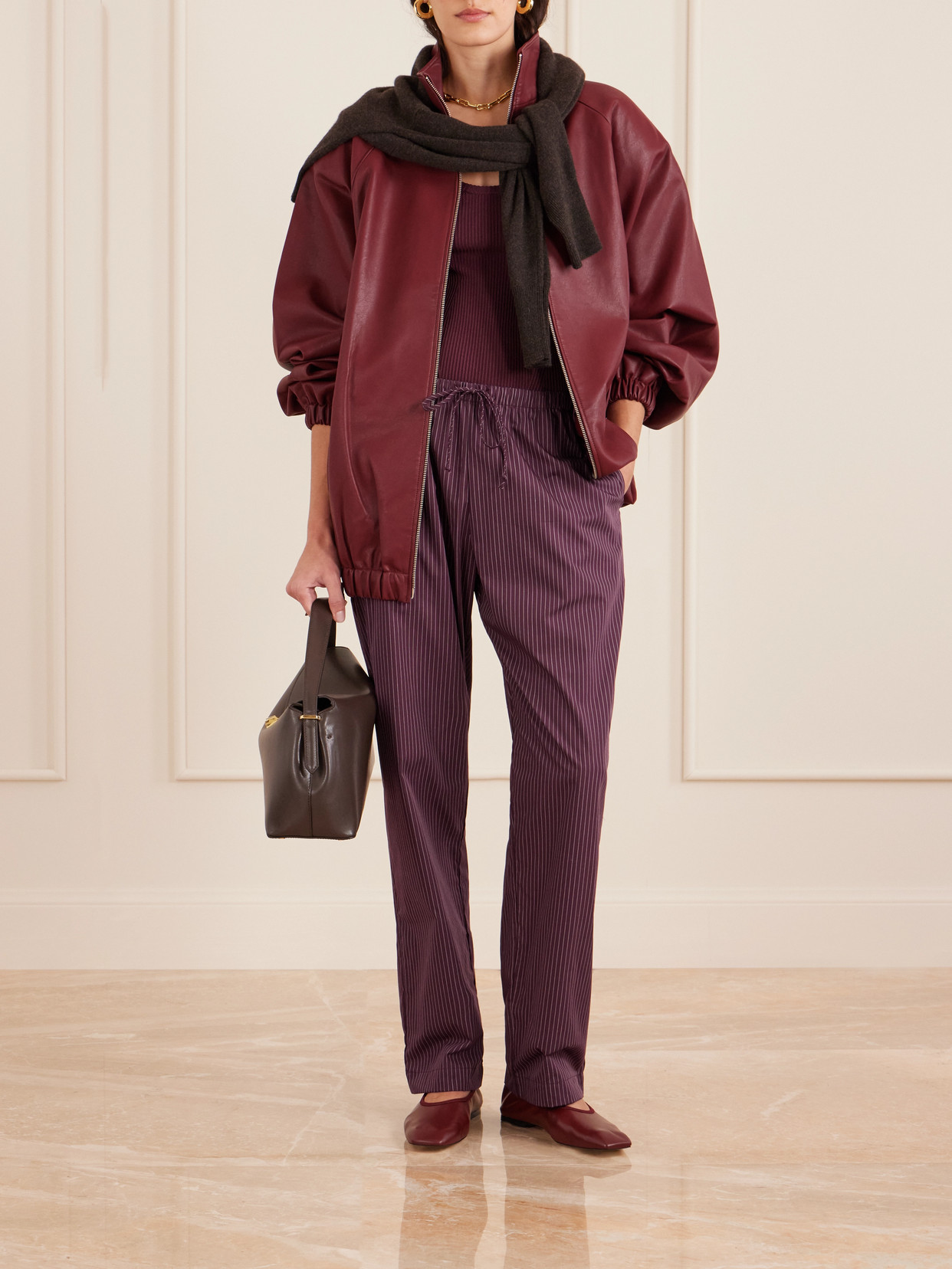Leset Yoshi Striped Cotton And Lyocell-blend Wide-leg Pants In Burgundy