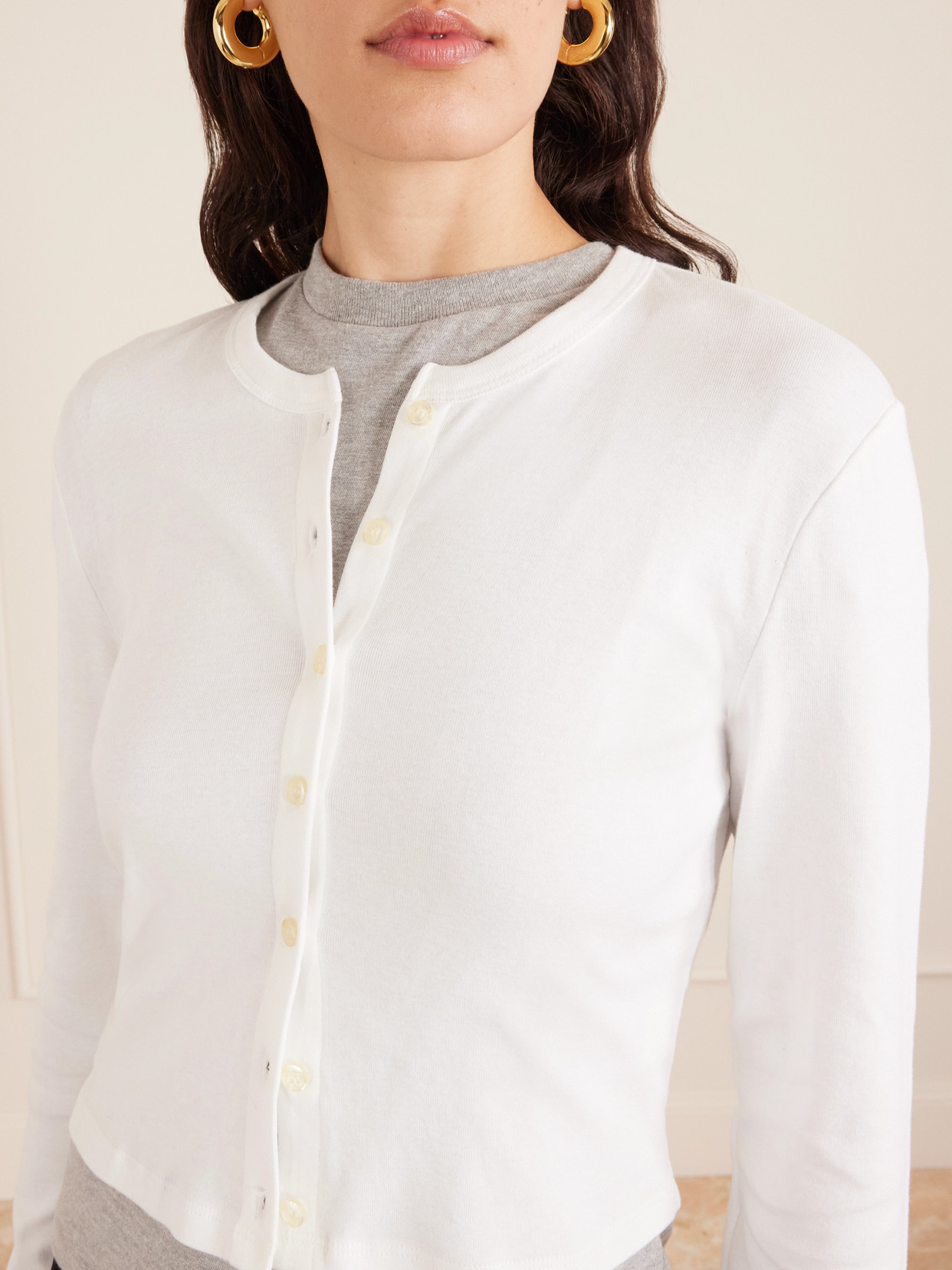 Leset Nando Button-up Crewneck Cardigan In White