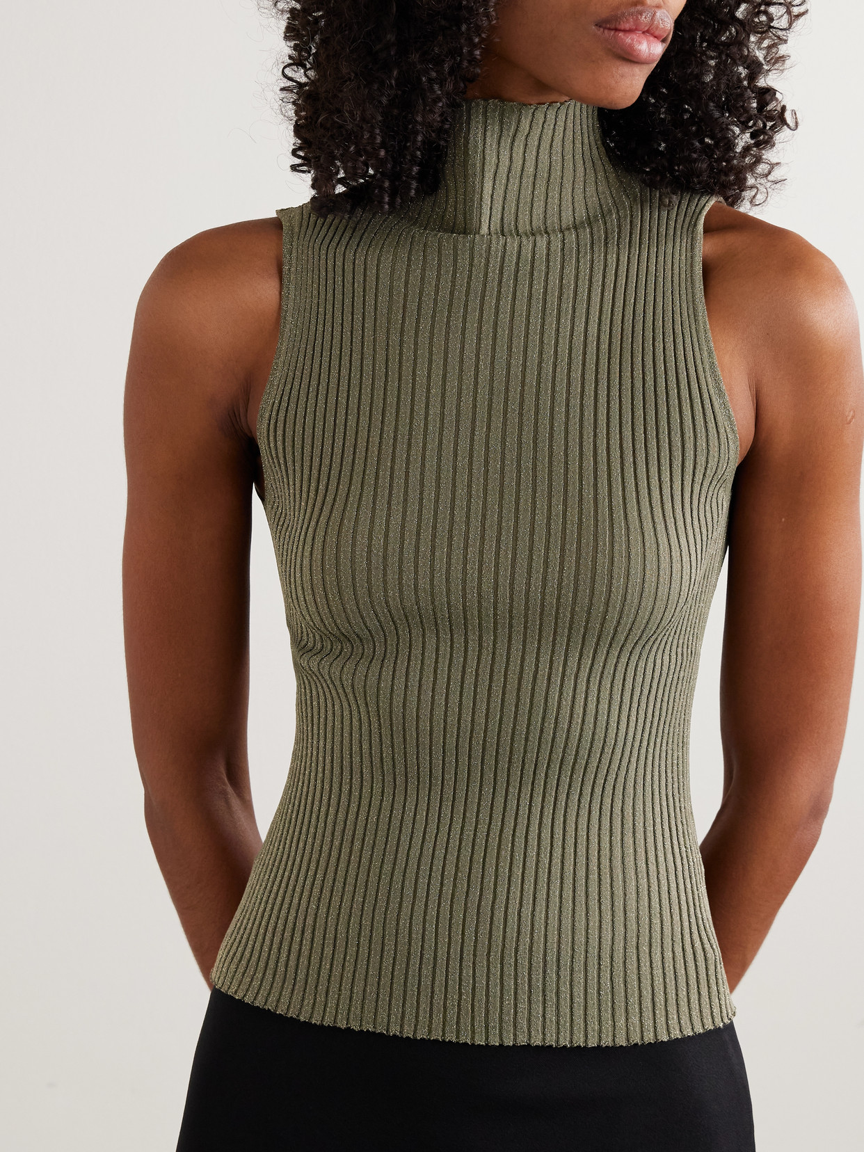 Leset Blake Ribbed Sleeveless Turtleneck Top In Green