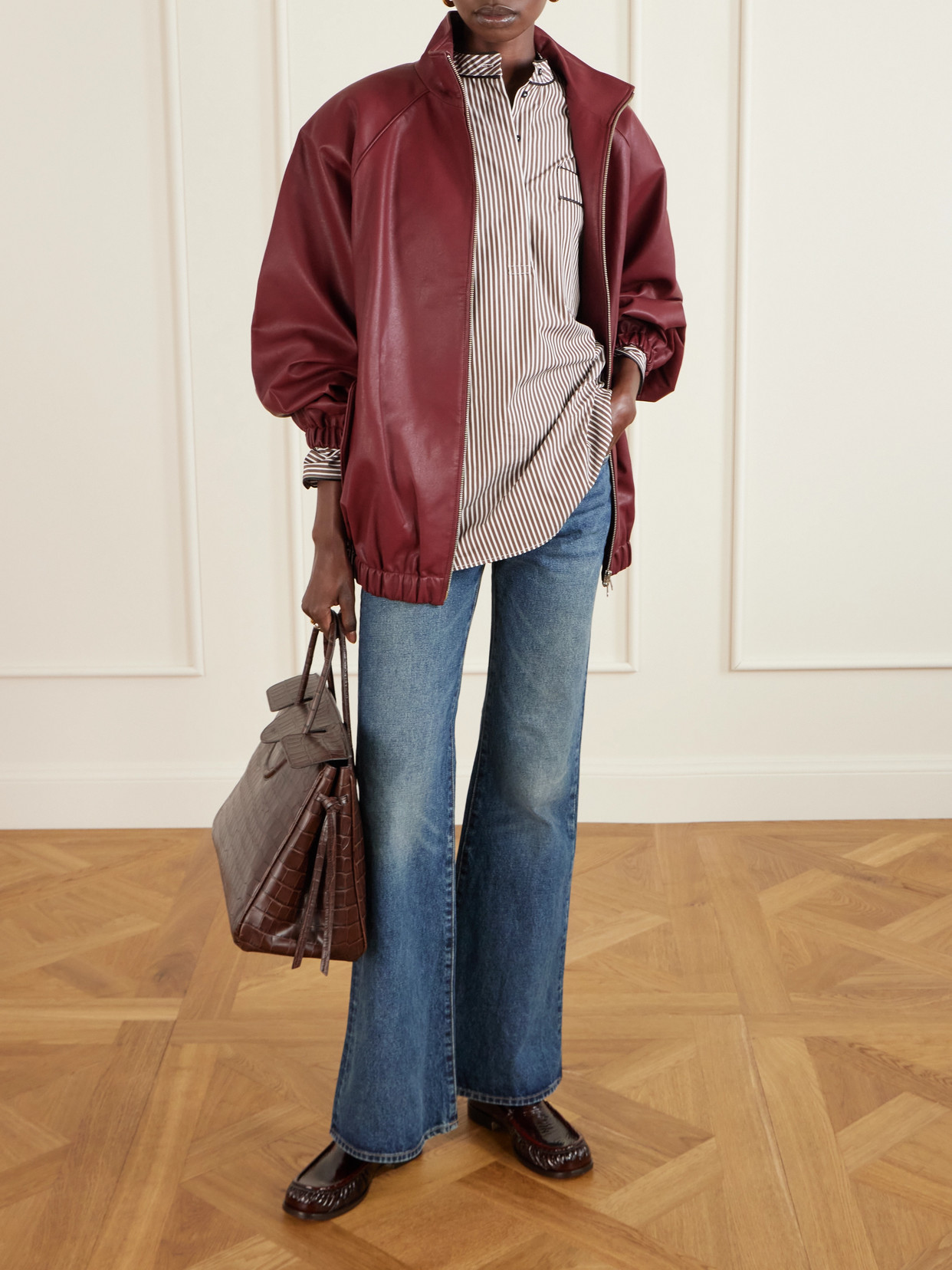 Staud Maude Croc-effect Leather Tote In Brown