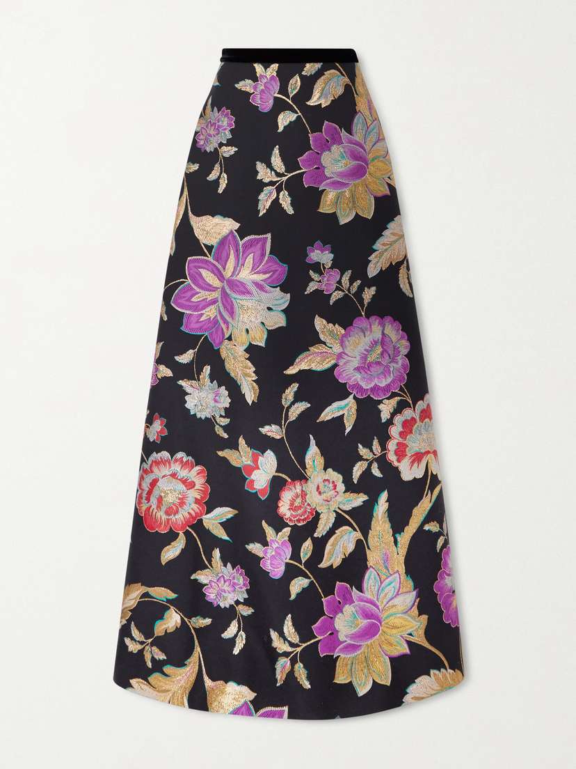 Valentino Garavani — Velvet-trimmed wool-blend floral-brocade maxi skirt
