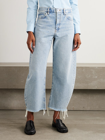 FRAME The Bubble Crop frayed high-rise barrel-leg jeans