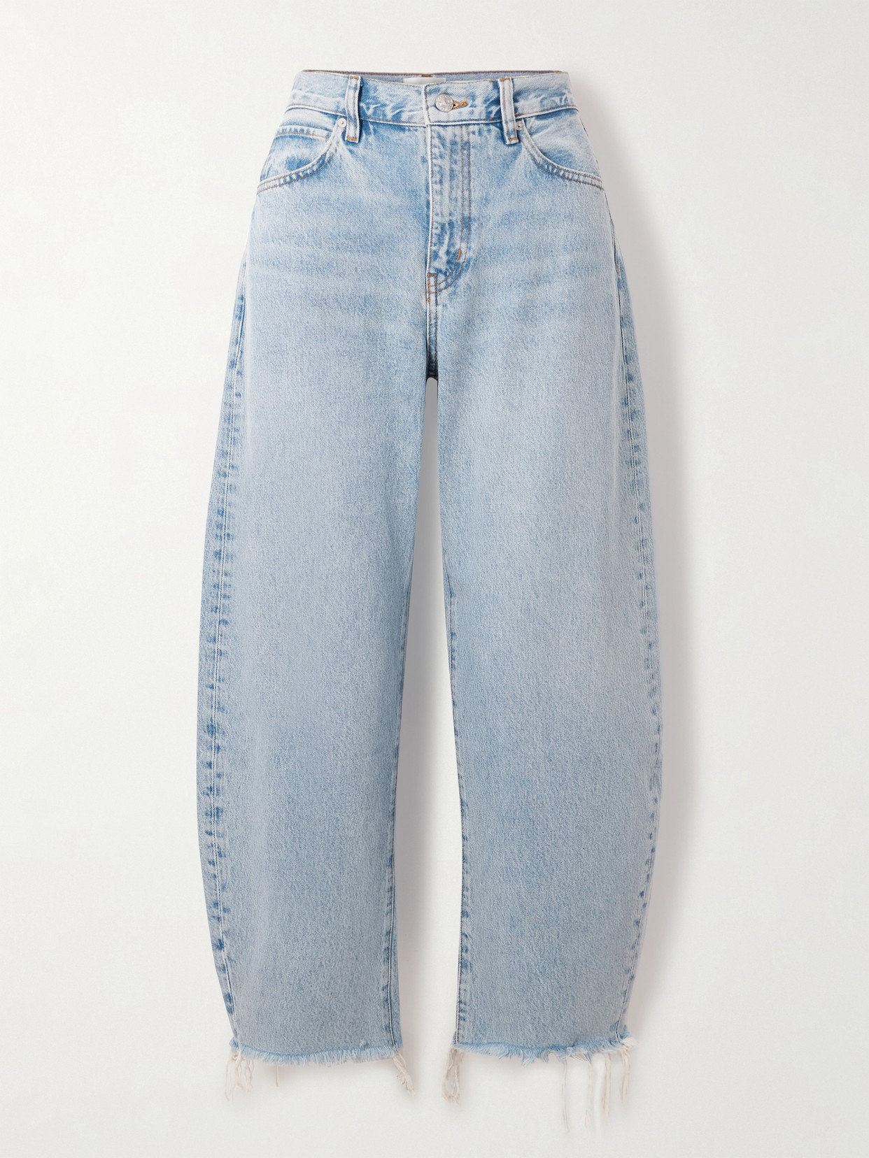 Frame The Bubble Crop Frayed High-rise Barrel-leg Jeans In Blue
