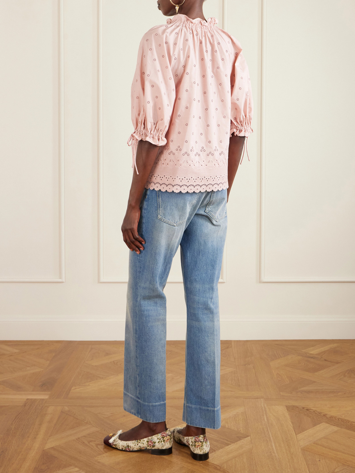 Garavani - Tie-Detailed Gathered Broderie Anglaise Cotton Blouse