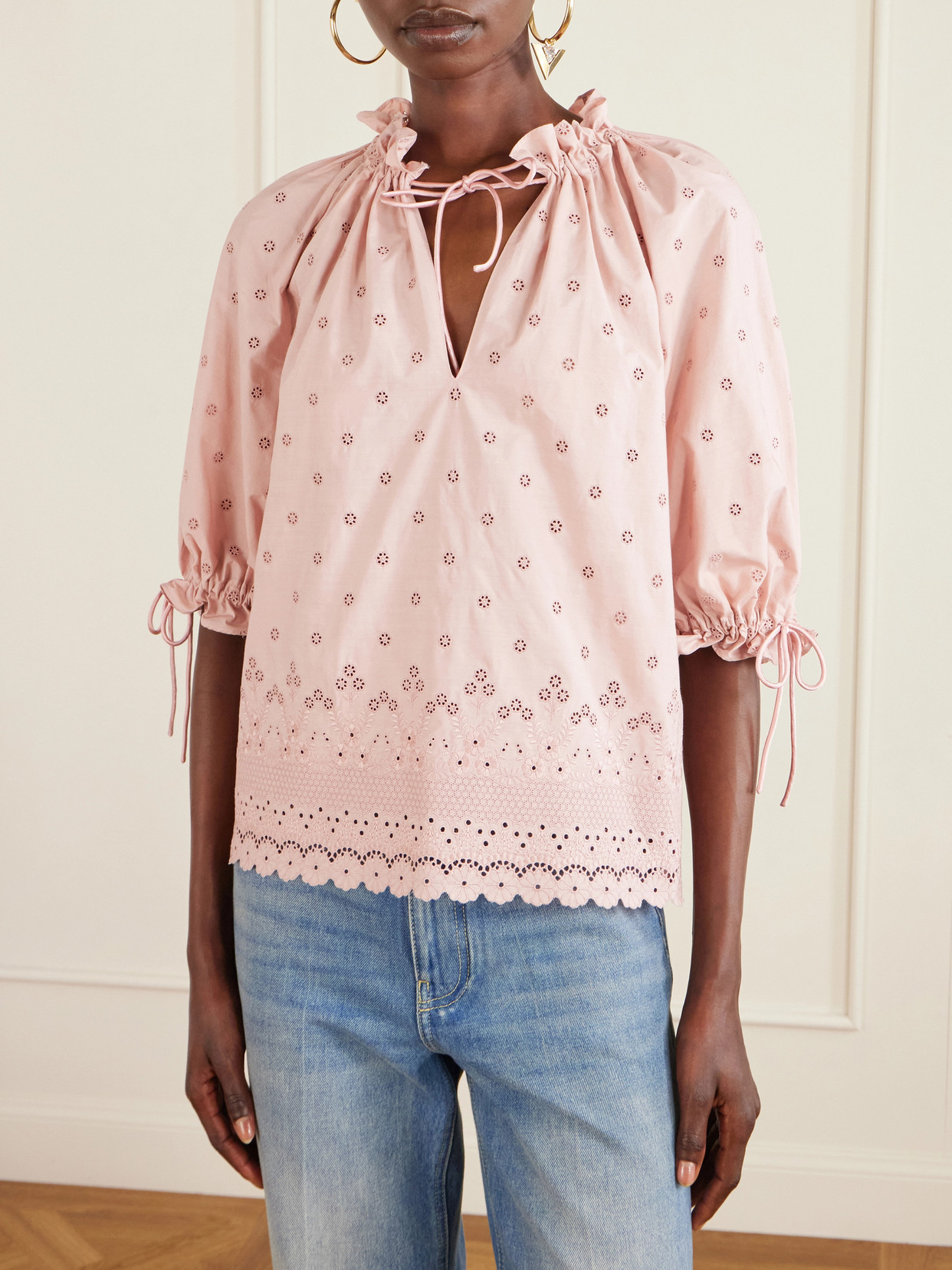 Garavani - Tie-Detailed Gathered Broderie Anglaise Cotton Blouse