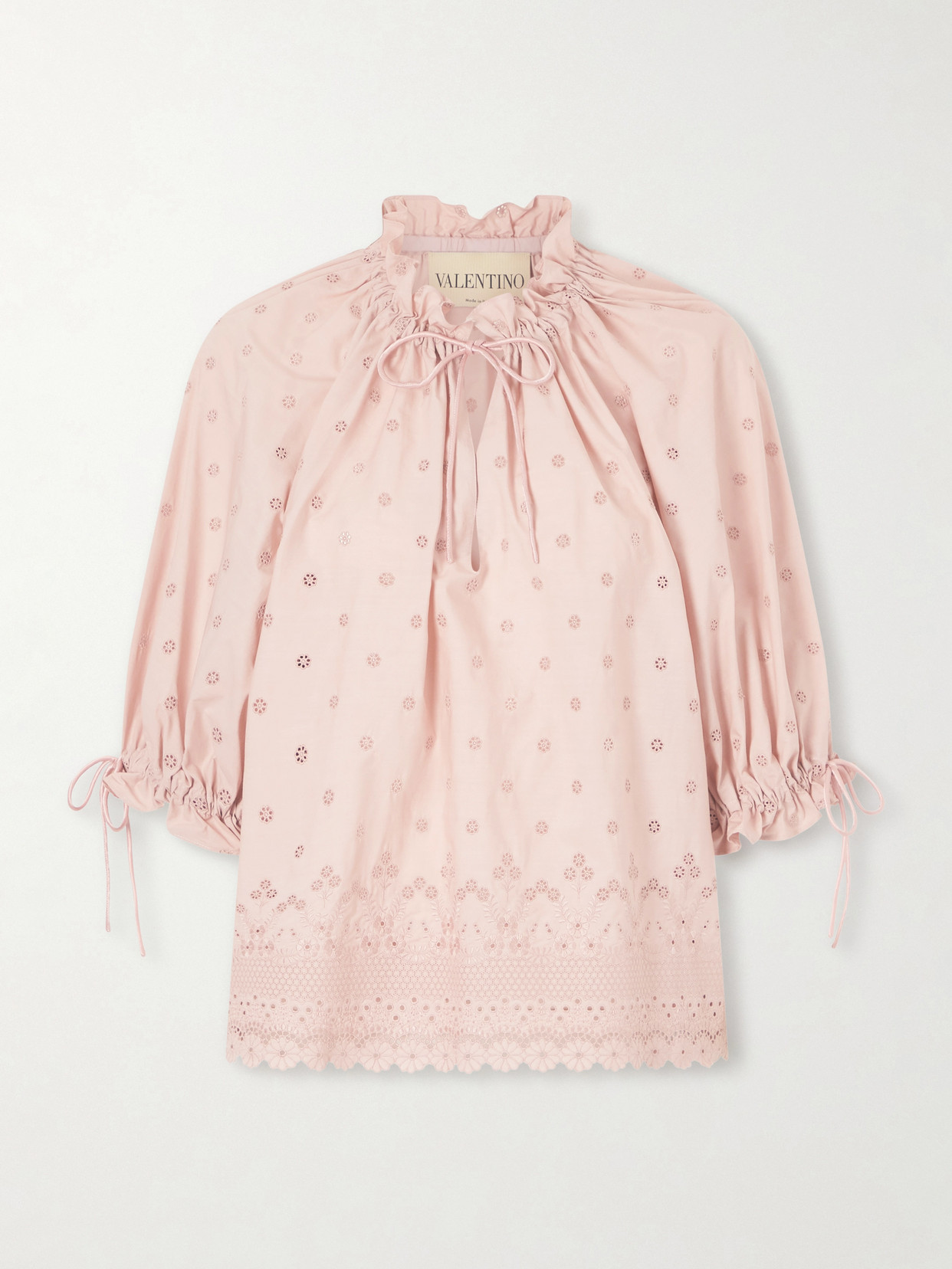Garavani - Tie-Detailed Gathered Broderie Anglaise Cotton Blouse