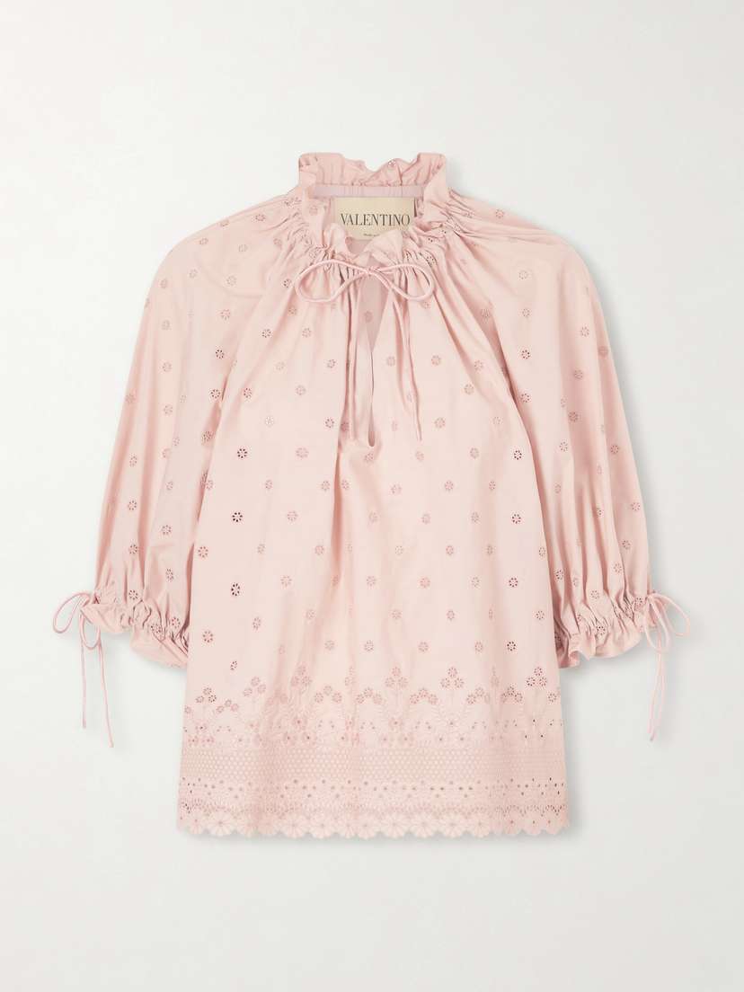 Valentino Garavani Tie-detailed Gathered Broderie Anglaise Cotton Blouse