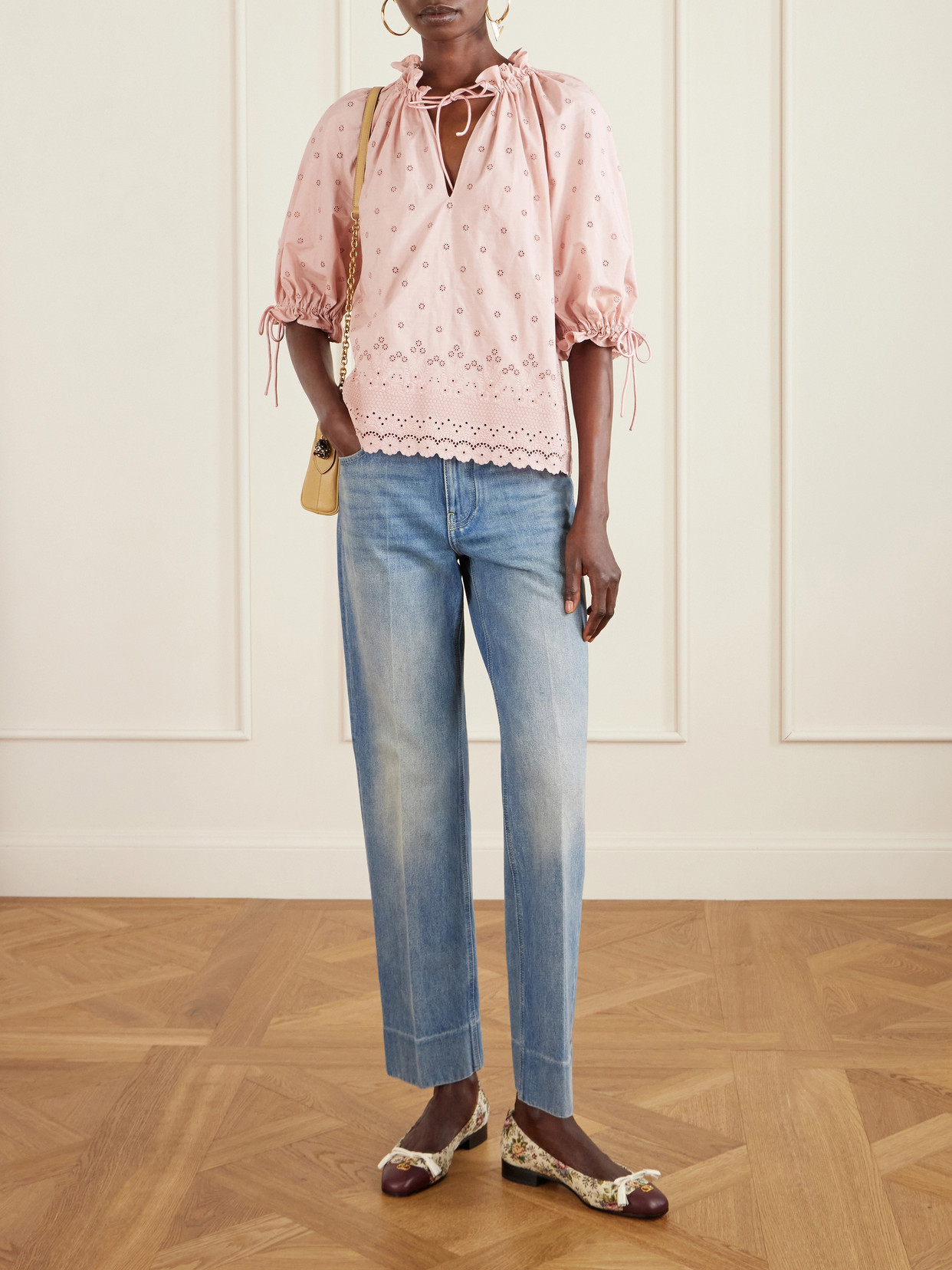 Garavani - Tie-Detailed Gathered Broderie Anglaise Cotton Blouse