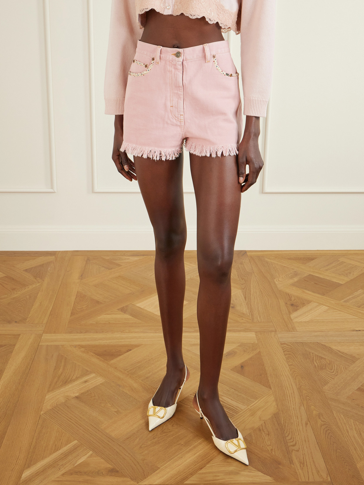 Valentino Knee Length Shorts Frayed Hem Floral Pockets Belt Loops In Pink