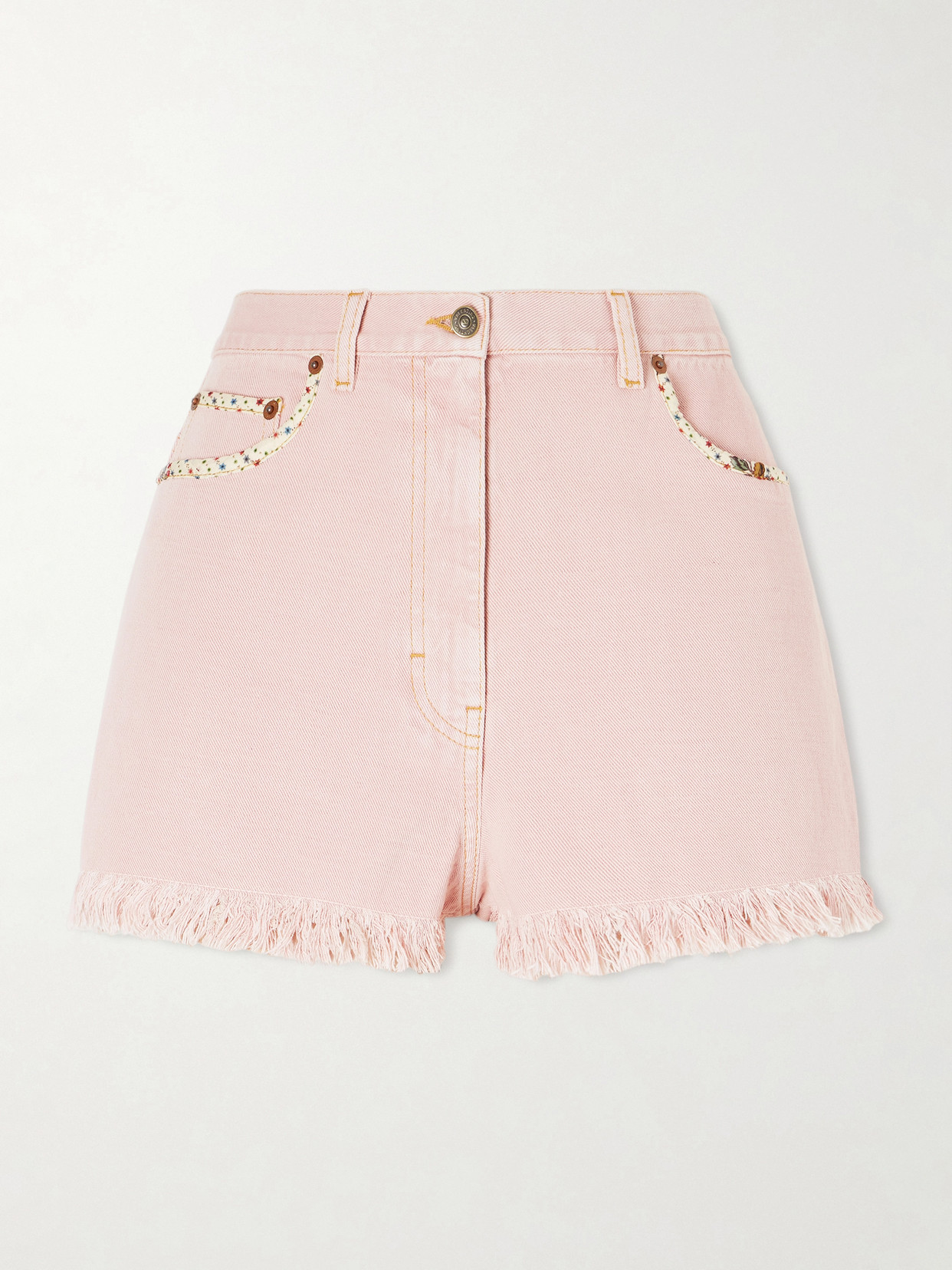 Valentino Frayed Embellished Cotton And Linen-blend Denim Shorts In Pink