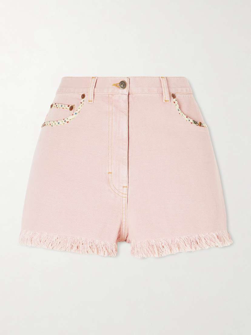 Valentino Garavani Frayed Embellished Cotton And Linen-blend Denim Shorts