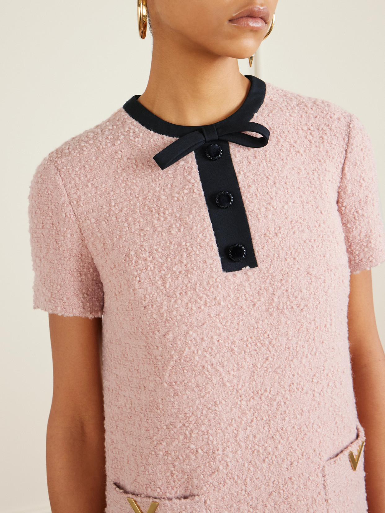 Valentino Bow-detailed Embellished Wool-blend Bouclé Mini Dress In Pink