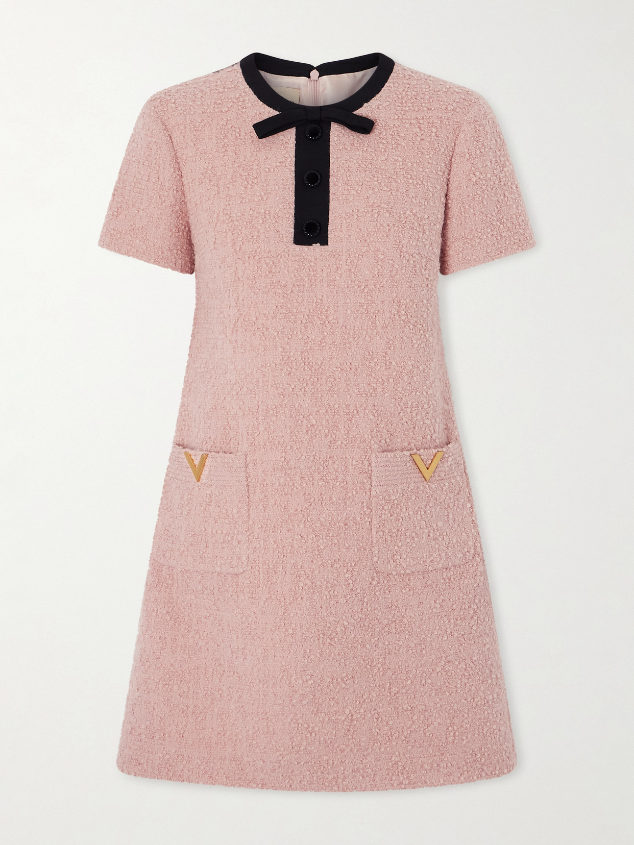 Valentino Bow-detailed Embellished Wool-blend Bouclé Mini Dress In Pink