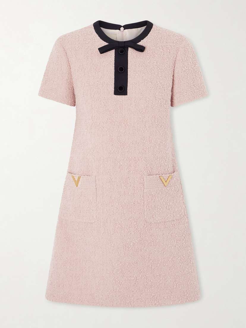 Valentino Garavani Bow-detailed Embellished Wool-blend Bouclé Mini Dress