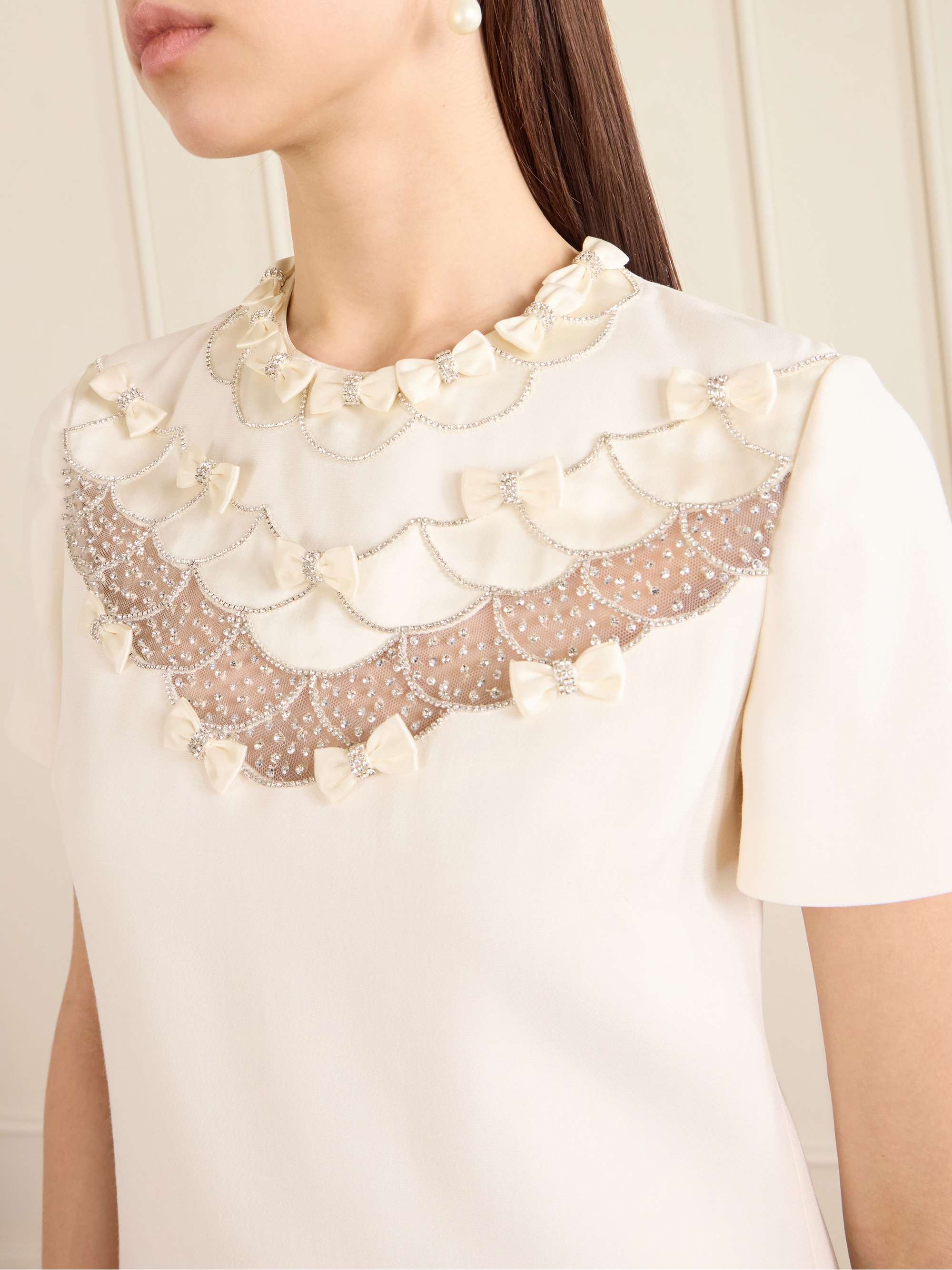 VALENTINO GARAVANI Crystal-embellished mesh-trimmed crepe midi