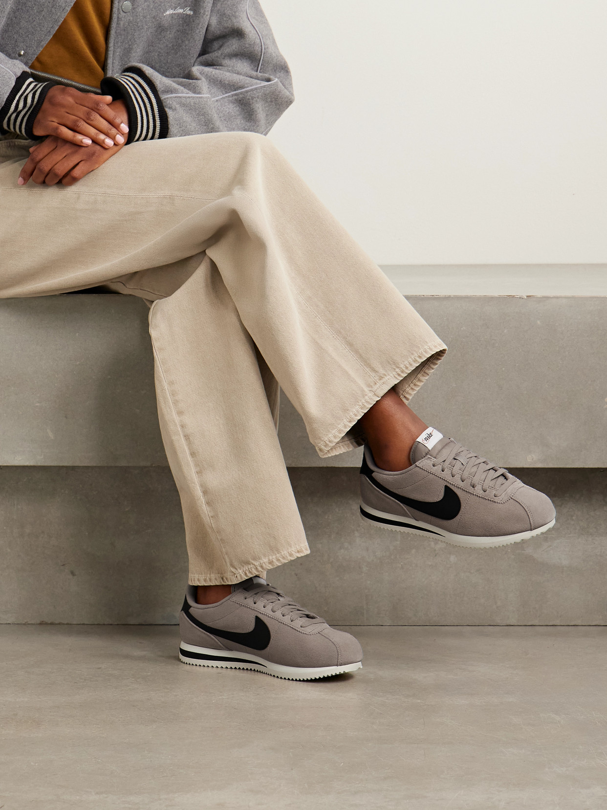 Nike Cortez Leather And Shell-trimmed Suede Sneakers In Gray