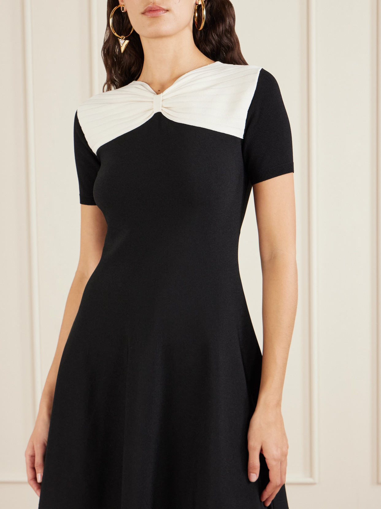 Valentino Bow-detailed Two-tone Stretch-knit Mini Dress In Black