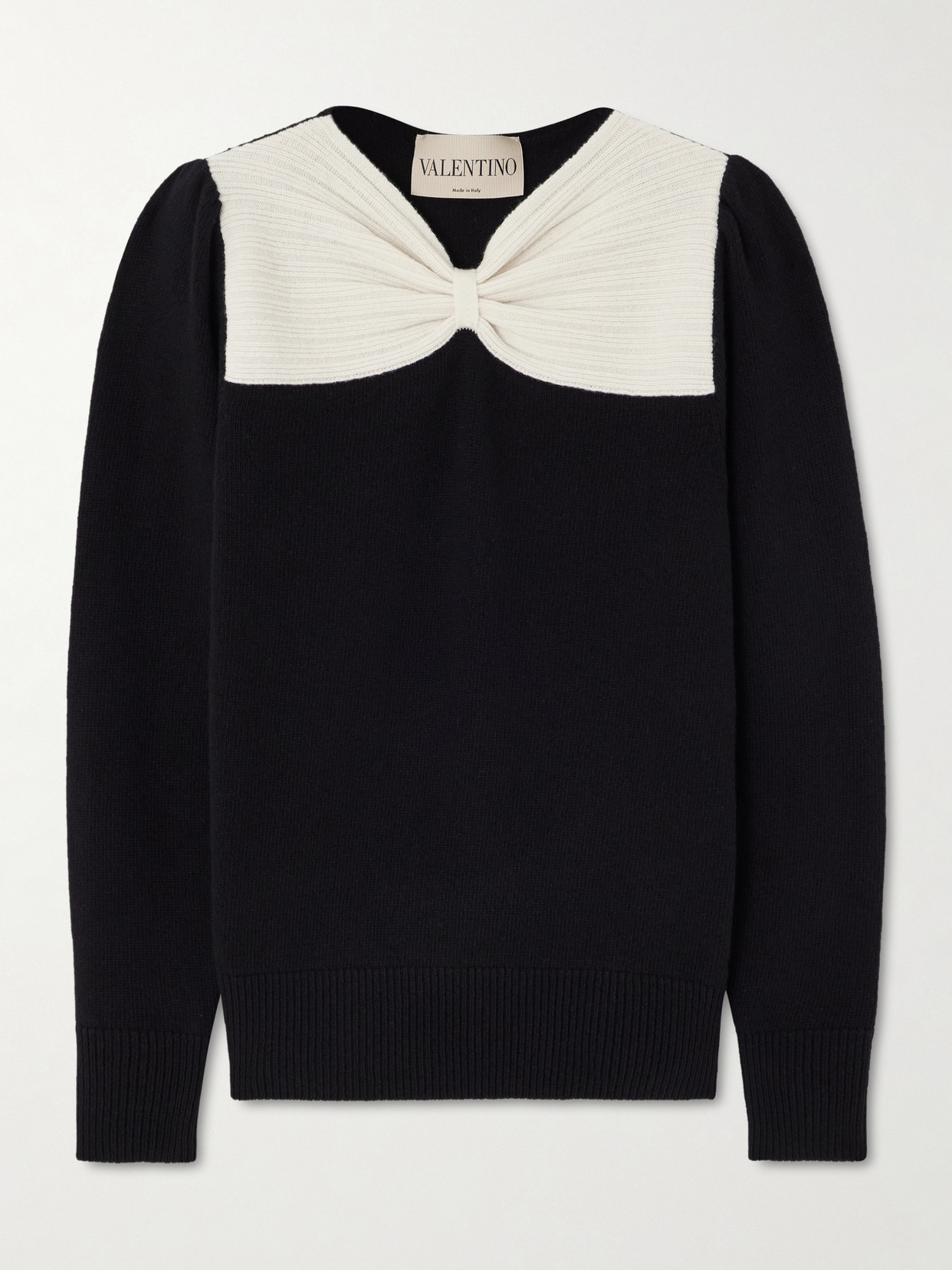 Valentino Bow-detailed Two-tone Wool Sweater In Black