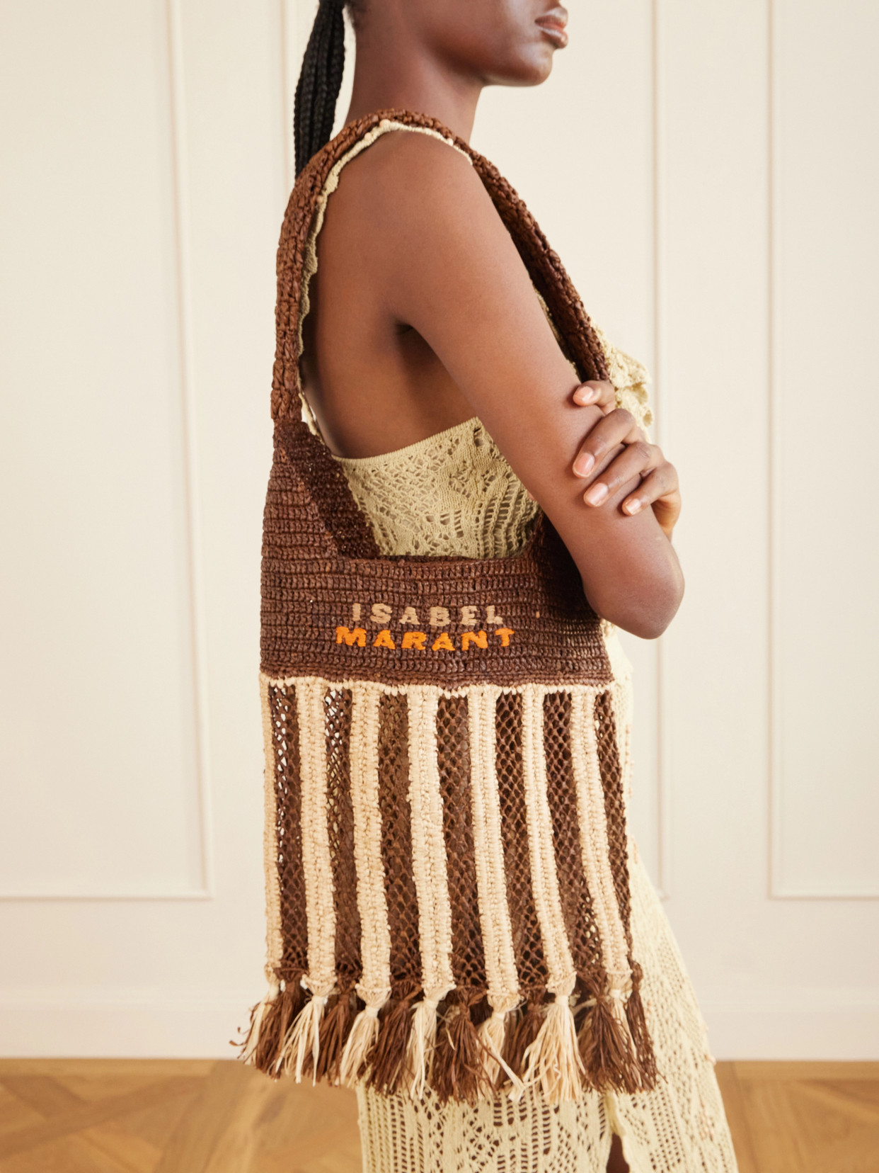 Isabel Marant Handwoven Raffia Tote Bag With Fringe And Logo Detail In Brown