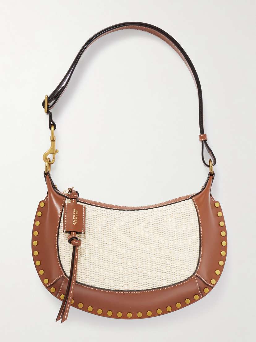 Isabel Marant Oskan Moon Studded Leather-trimmed Raffia Shoulder Bag