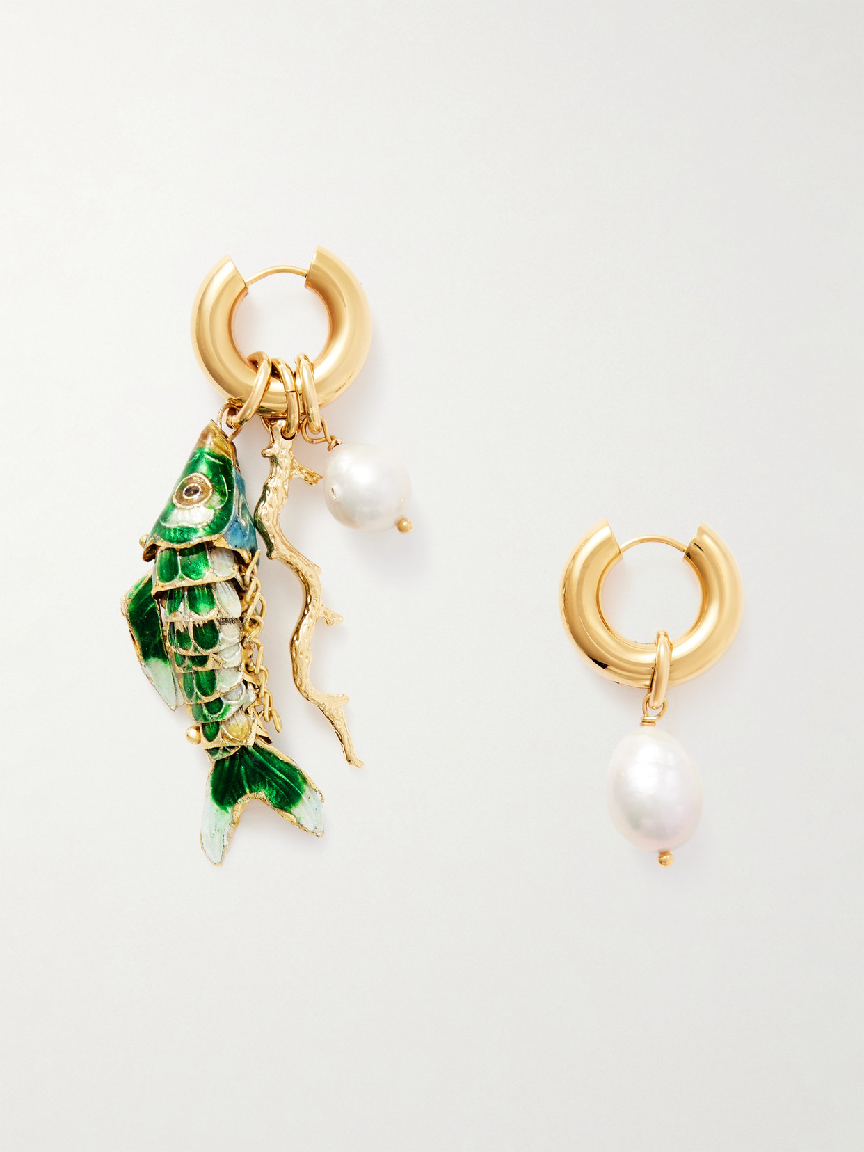 Martha Calvo Barrier Gold-plated, Enamel And Pearl Hoop Earrings In Green
